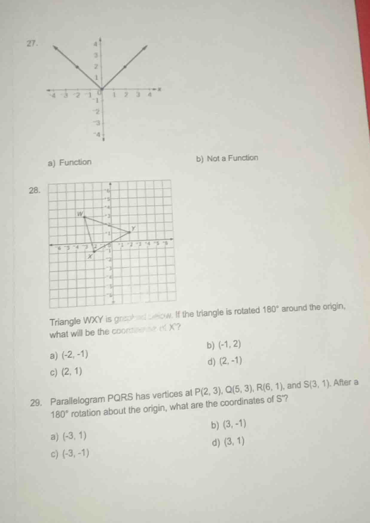27. a) function b) not a function 28. triangle wxy is graphed below. if…