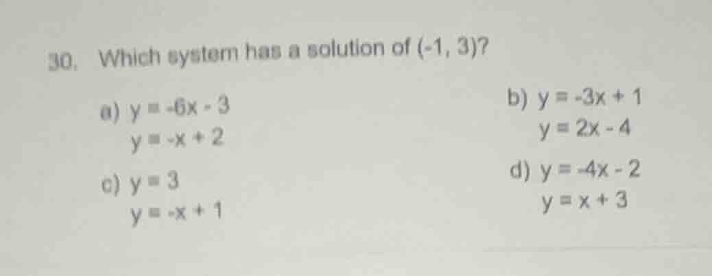 30. which system has a solution of (-1, 3)? a) $y = -6x - 3$ $y = -x + …