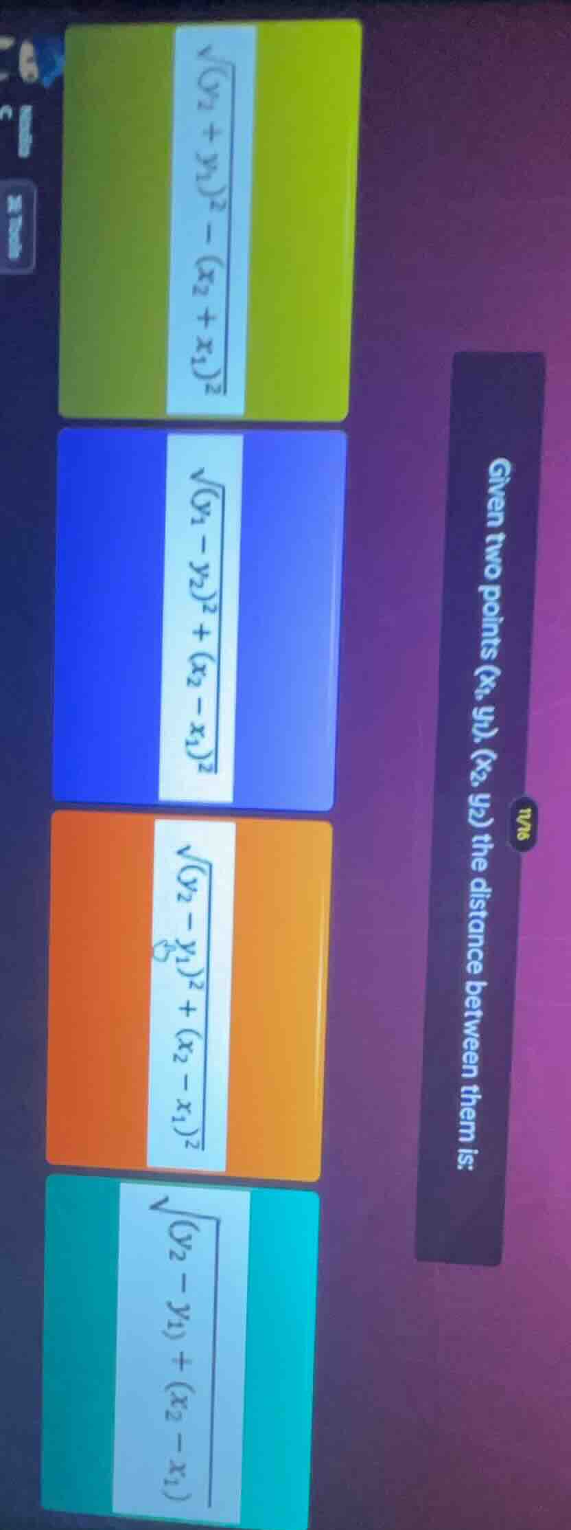 given two points ((x_1, y_1)), ((x_2, y_2)) the distance between them i…