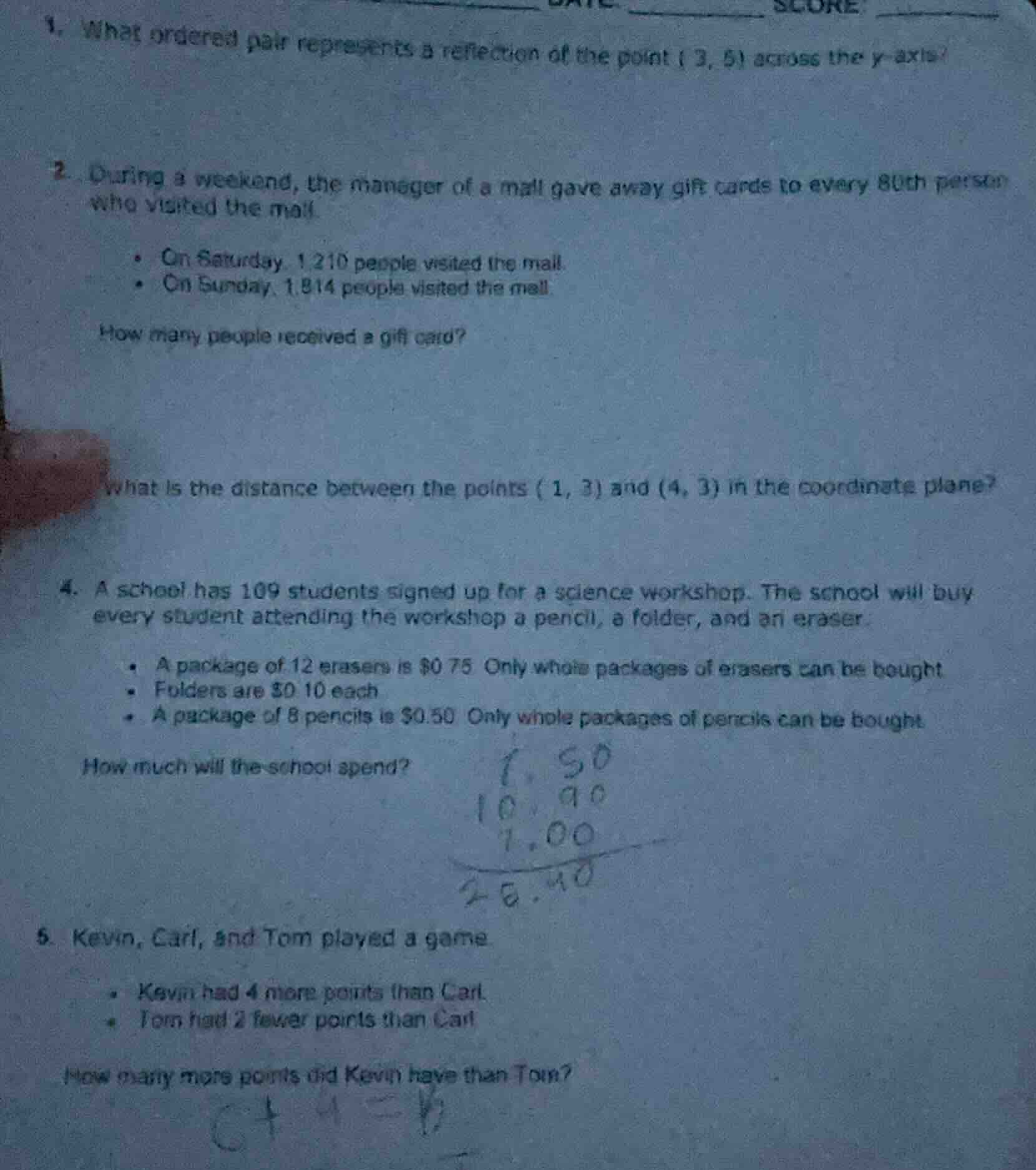 1. what ordered pair represents a reflection of the point ( 3, 5) acros…