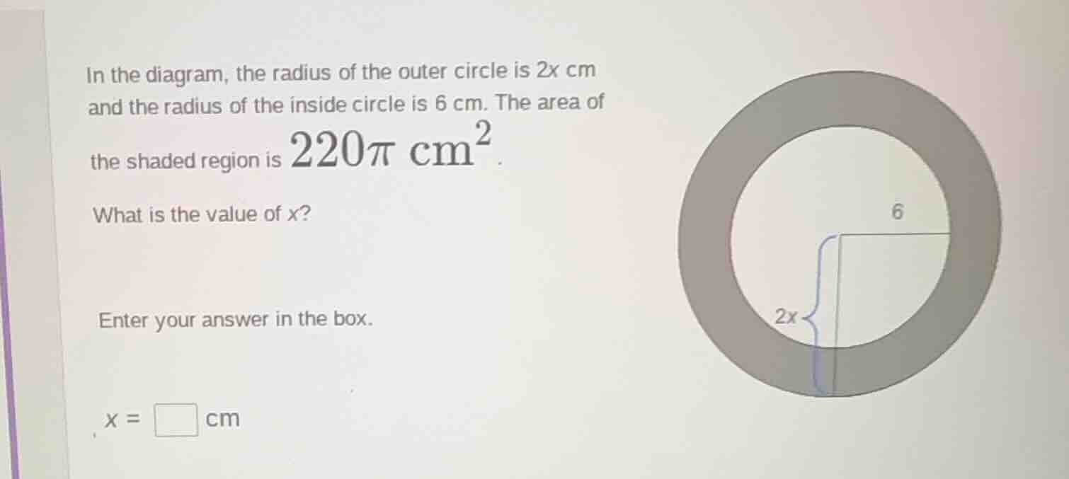 in the diagram, the radius of the outer circle is 2x cm and the radius …