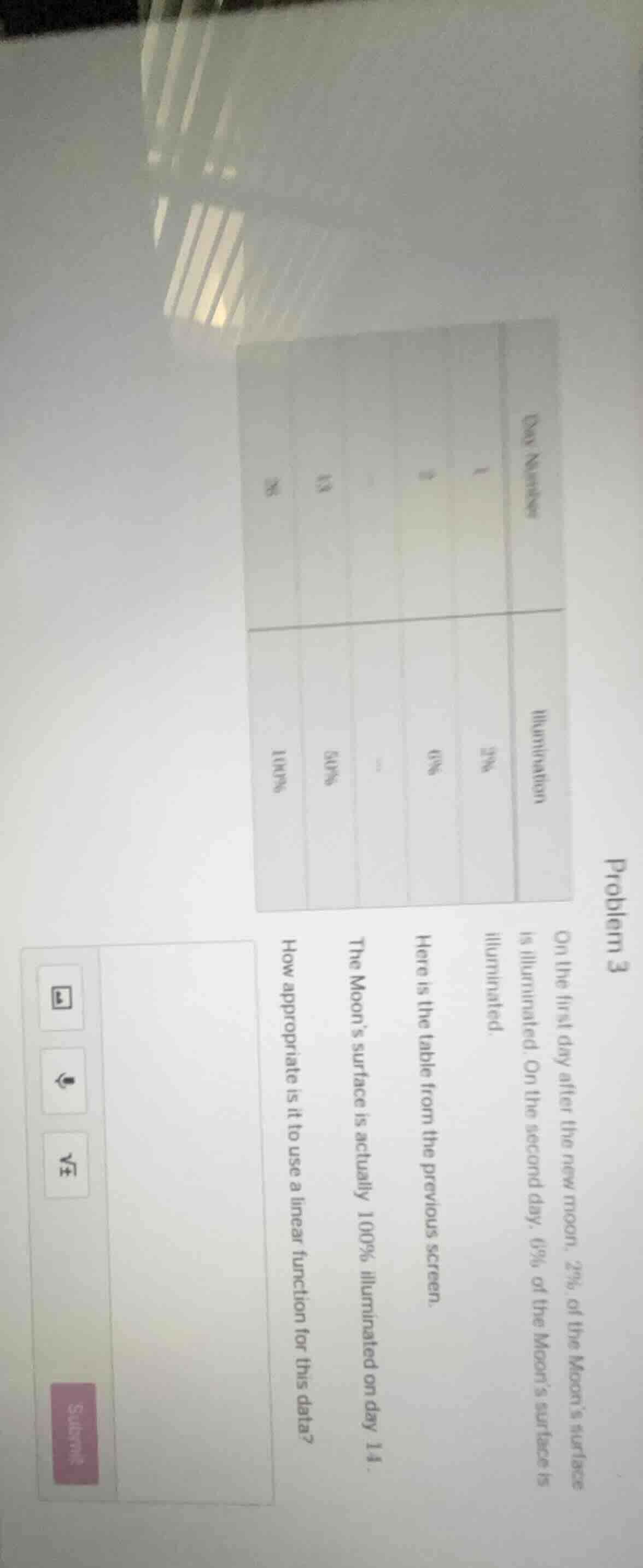 problem 3 on the first day after the new moon, 2% of the moon’s surface…