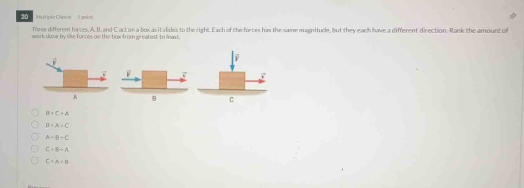 20 multiple choice 1 point three different forces, a, b, and c act on a…