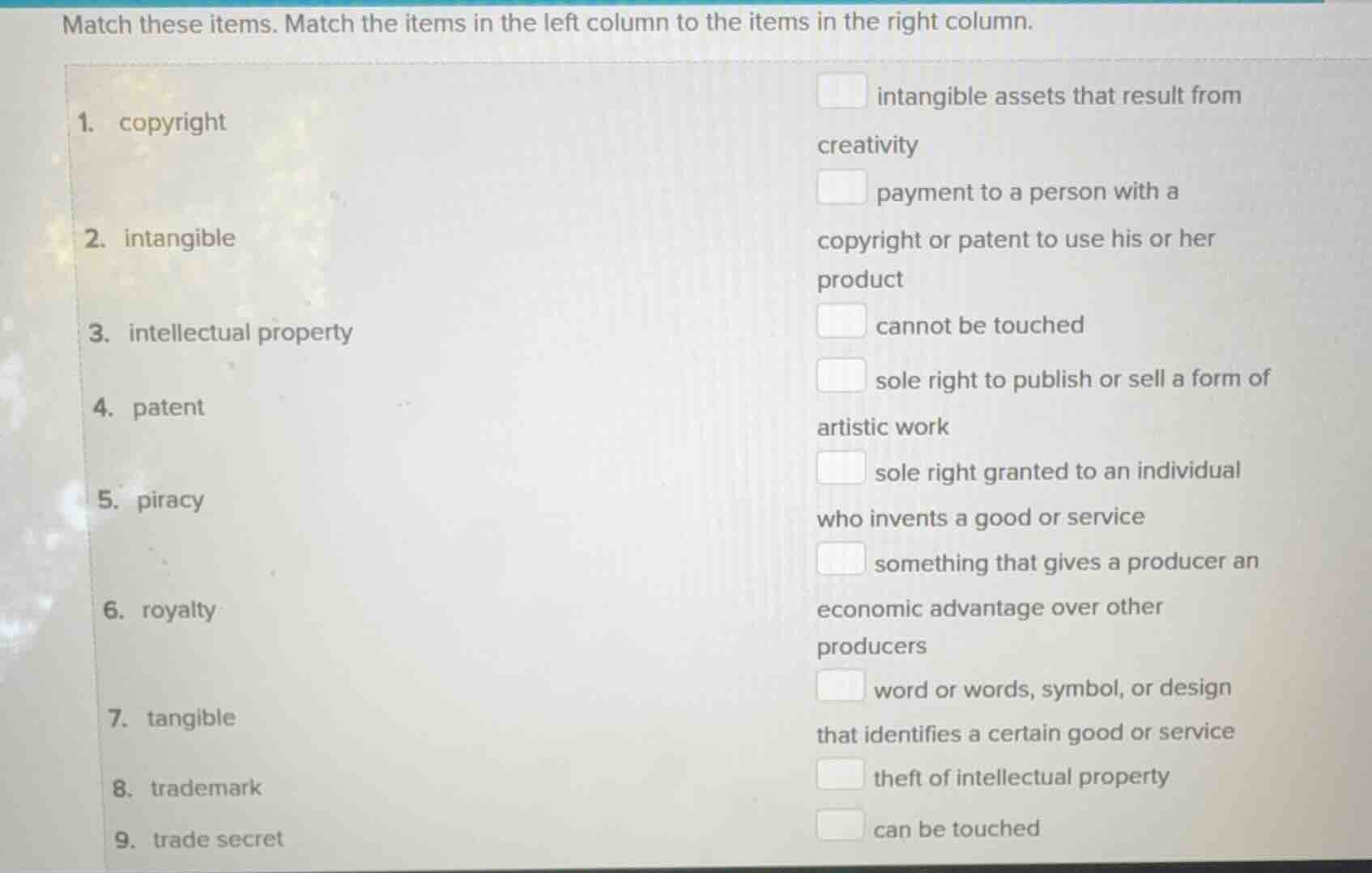match these items. match the items in the left column to the items in t…