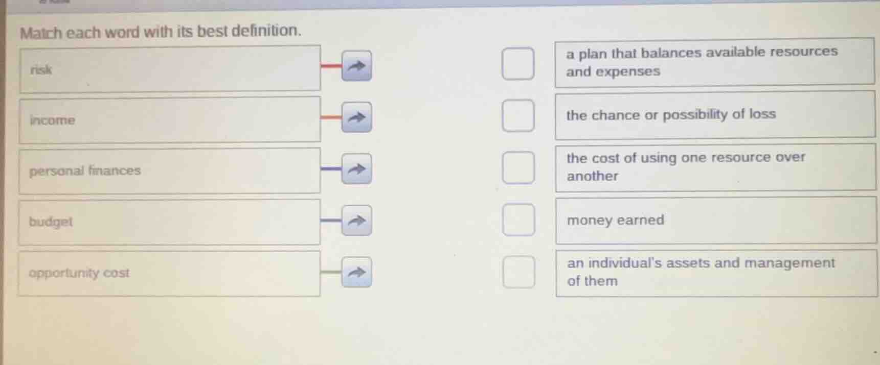 match each word with its best definition. risk income personal finances…