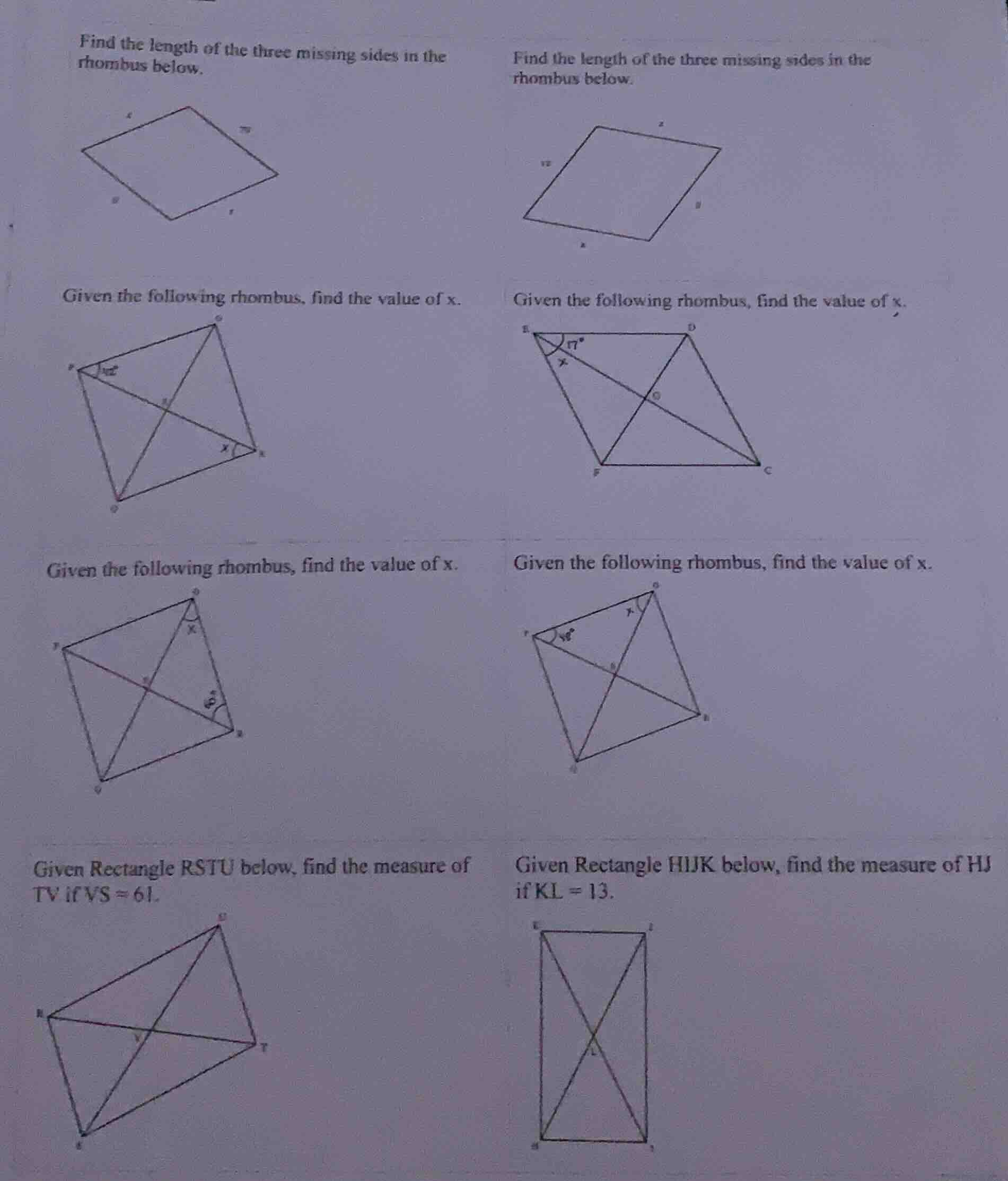 find the length of the three missing sides in the rhombus below. find t…