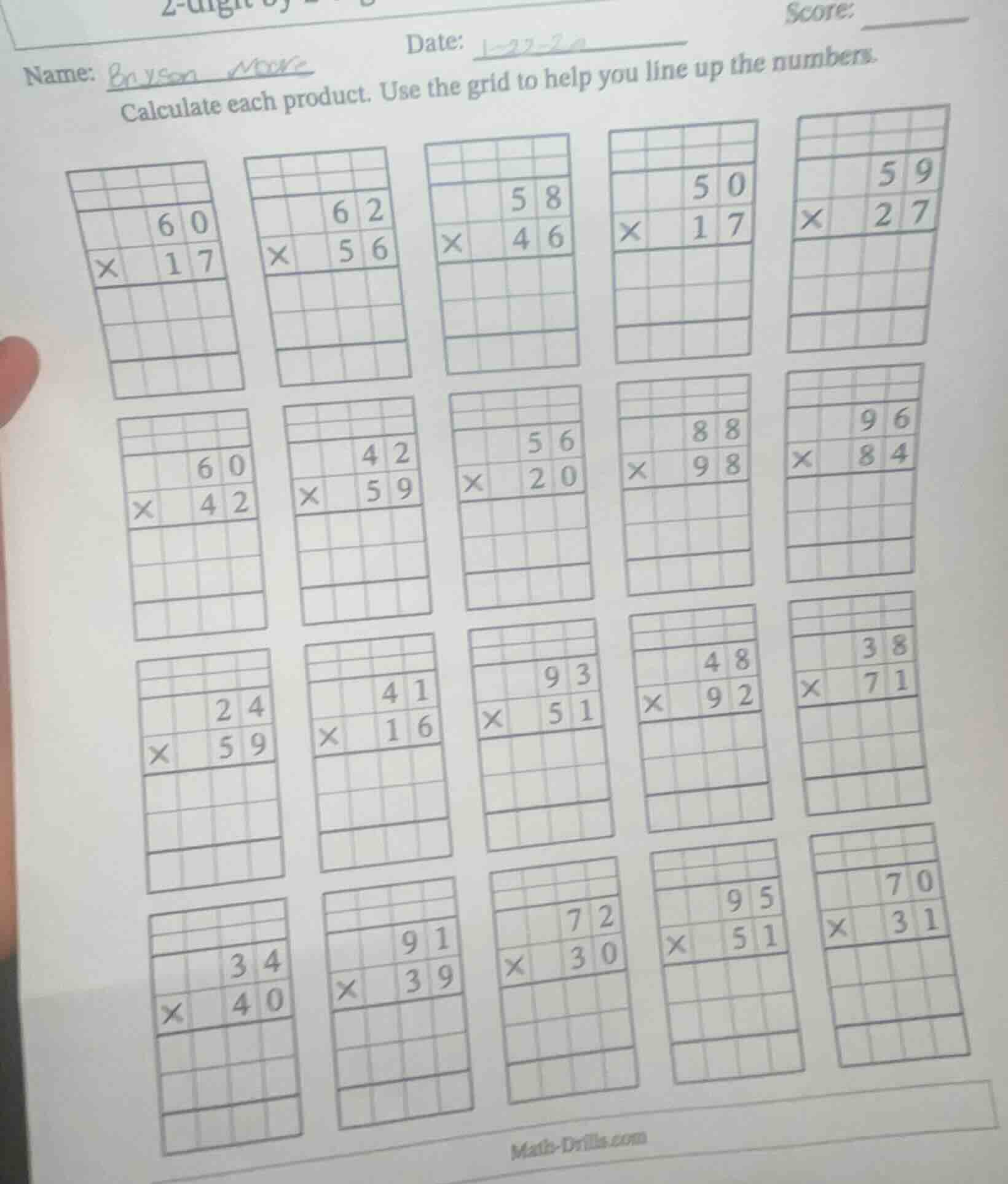 name: date: score: calculate each product. use the grid to help you lin…