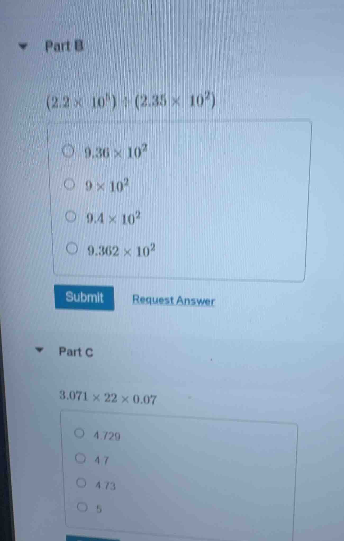 part b $(2.2 \\times 10^5) \\div (2.35 \\times 10^2)$ $\\bigcirc\\ 9.36…