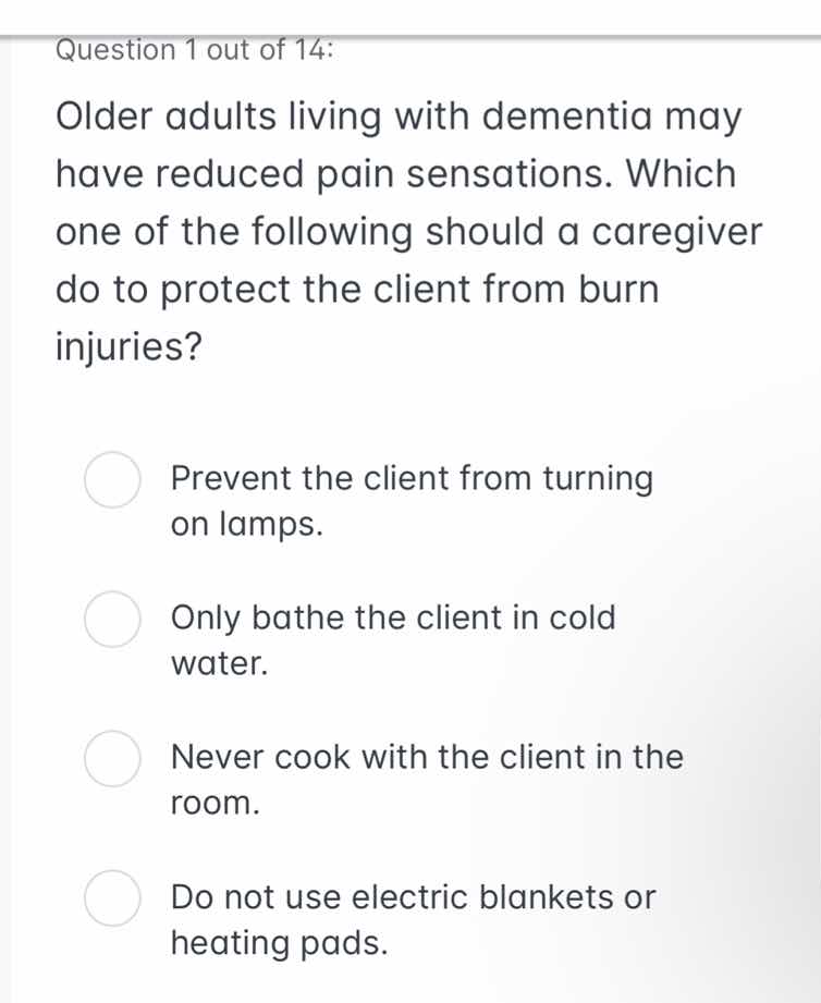 question 1 out of 14: older adults living with dementia may have reduce…