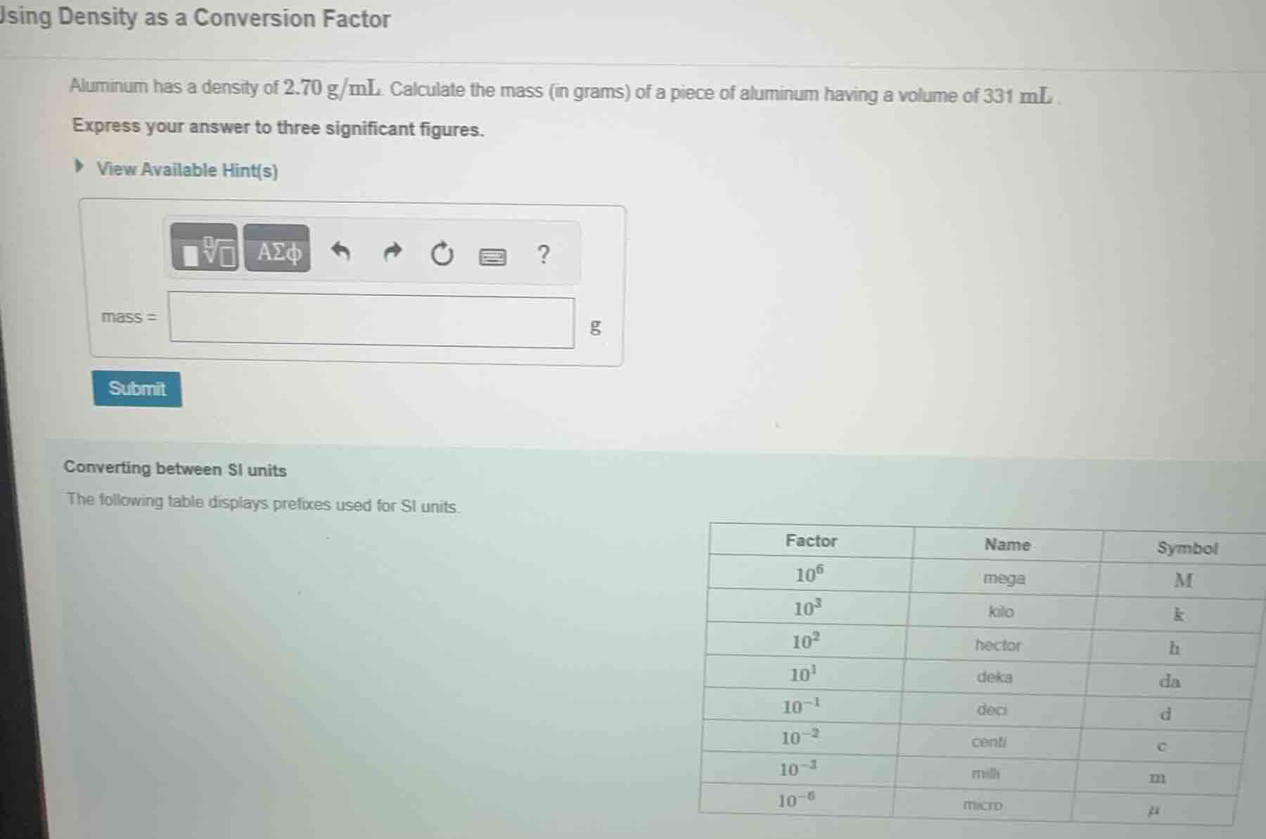 using density as a conversion factor aluminum has a density of 2.70 g/m…