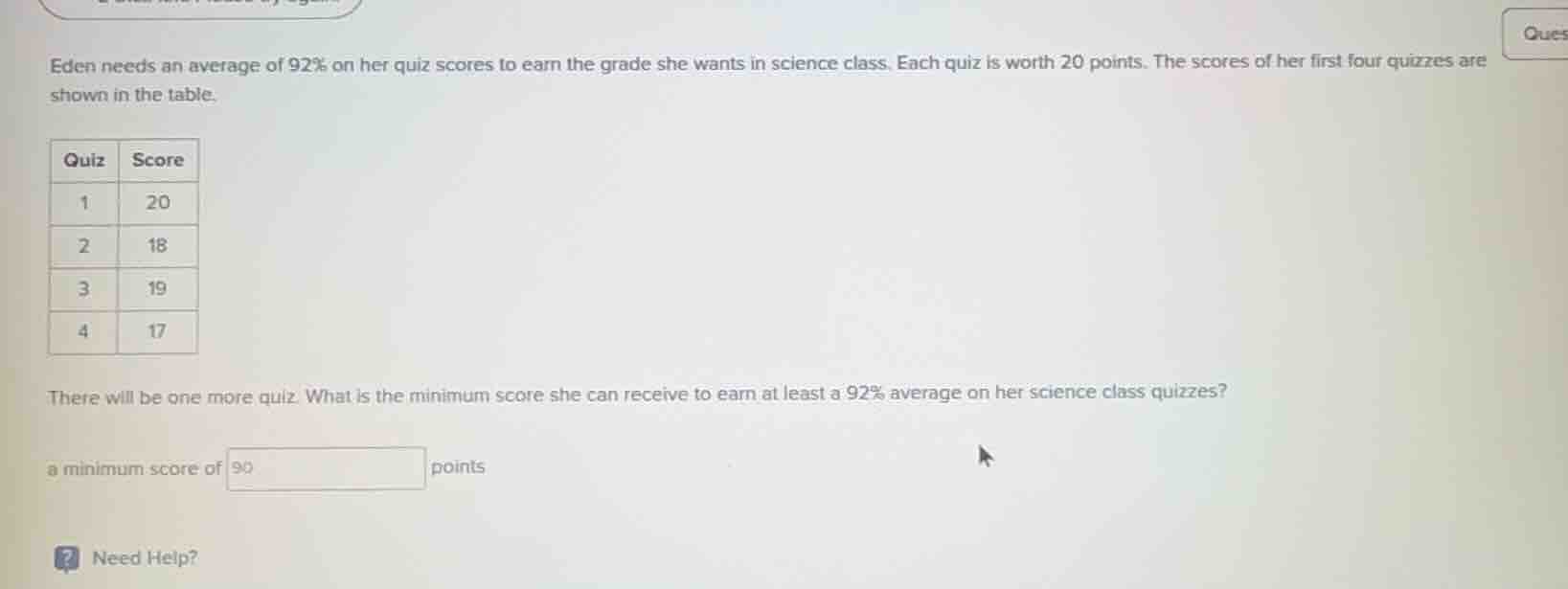 eden needs an average of 92% on her quiz scores to earn the grade she w…