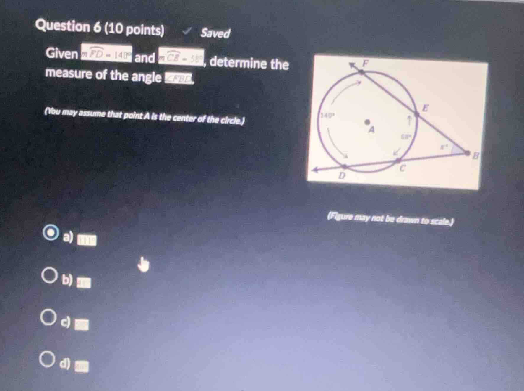 question 6 (10 points) saved given ( moverarc{fd} = 140^circ ) and ( mo…