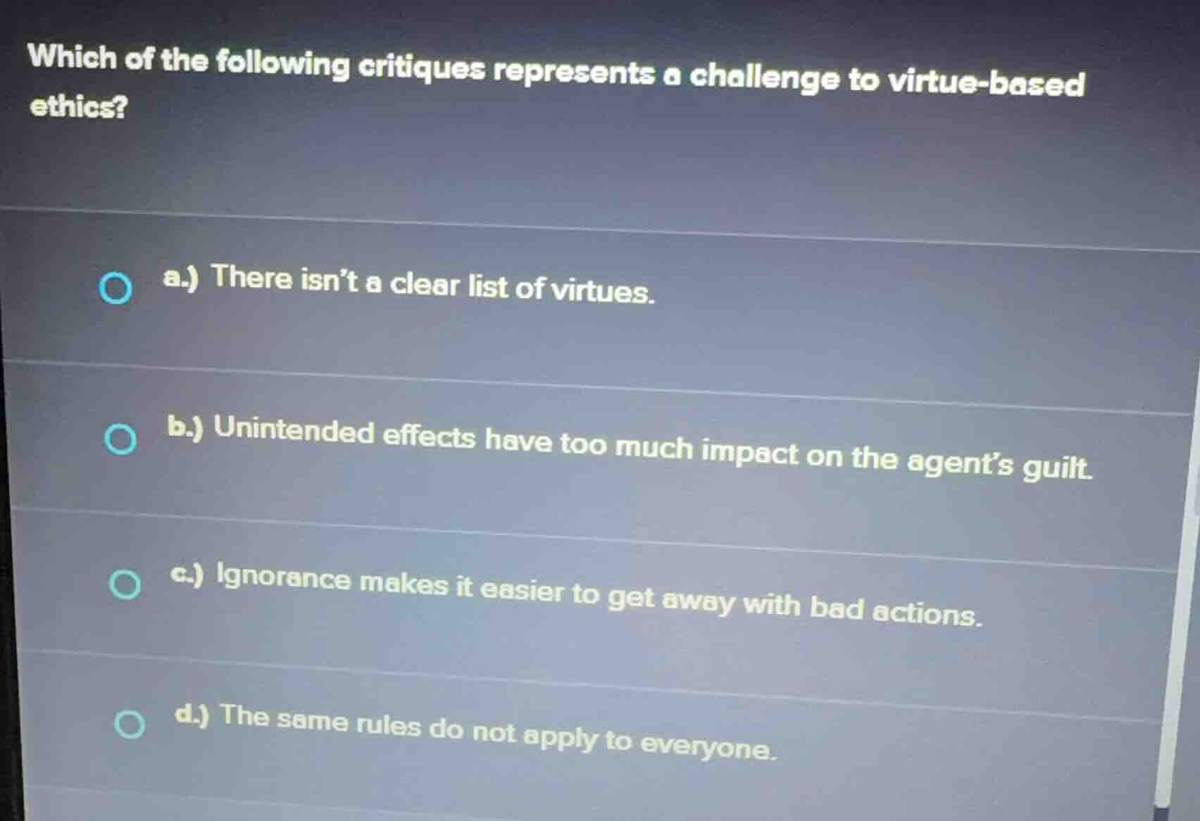 which of the following critiques represents a challenge to virtue - bas…