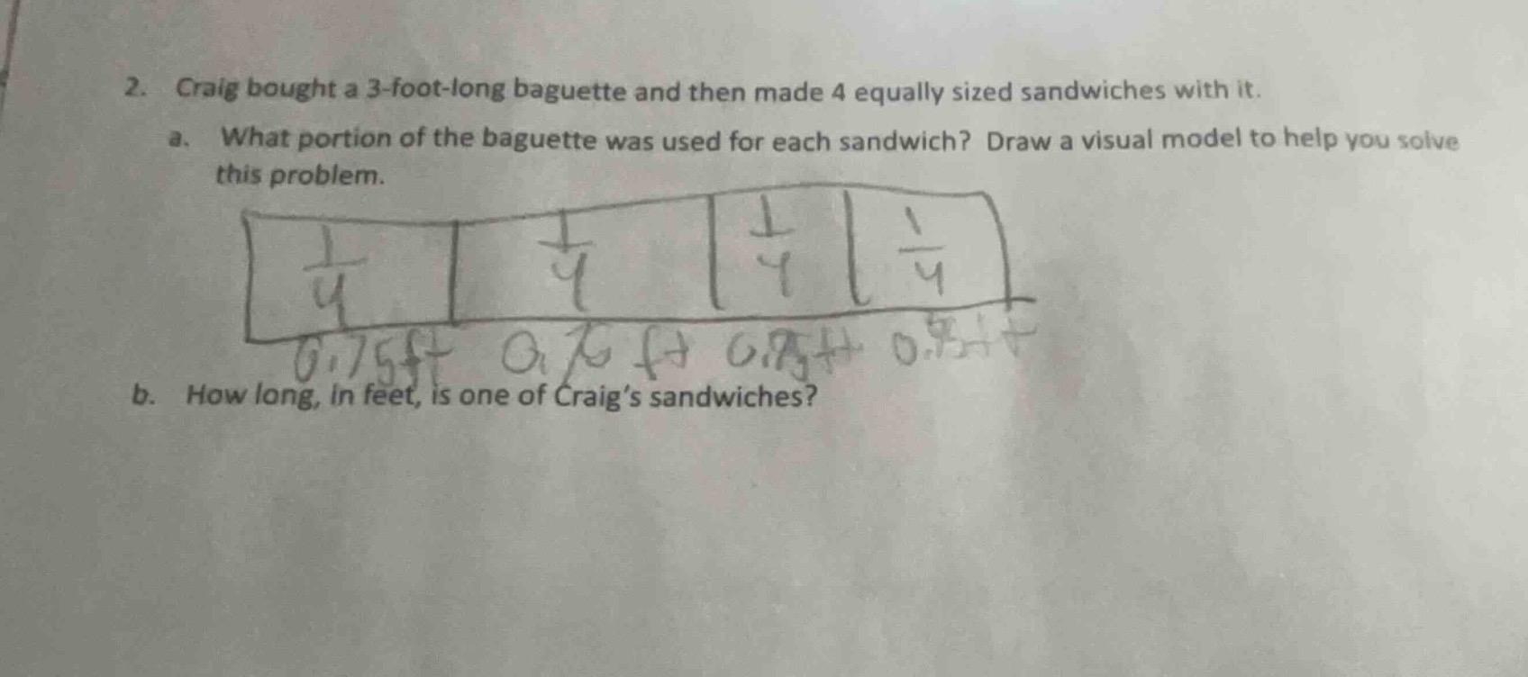 2. craig bought a 3-foot-long baguette and then made 4 equally sized sa…