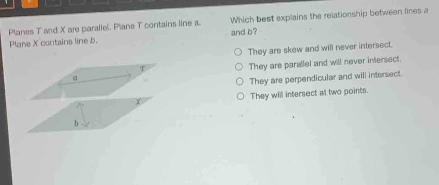 planes t and x are parallel. plane t contains line a. plane x contains …