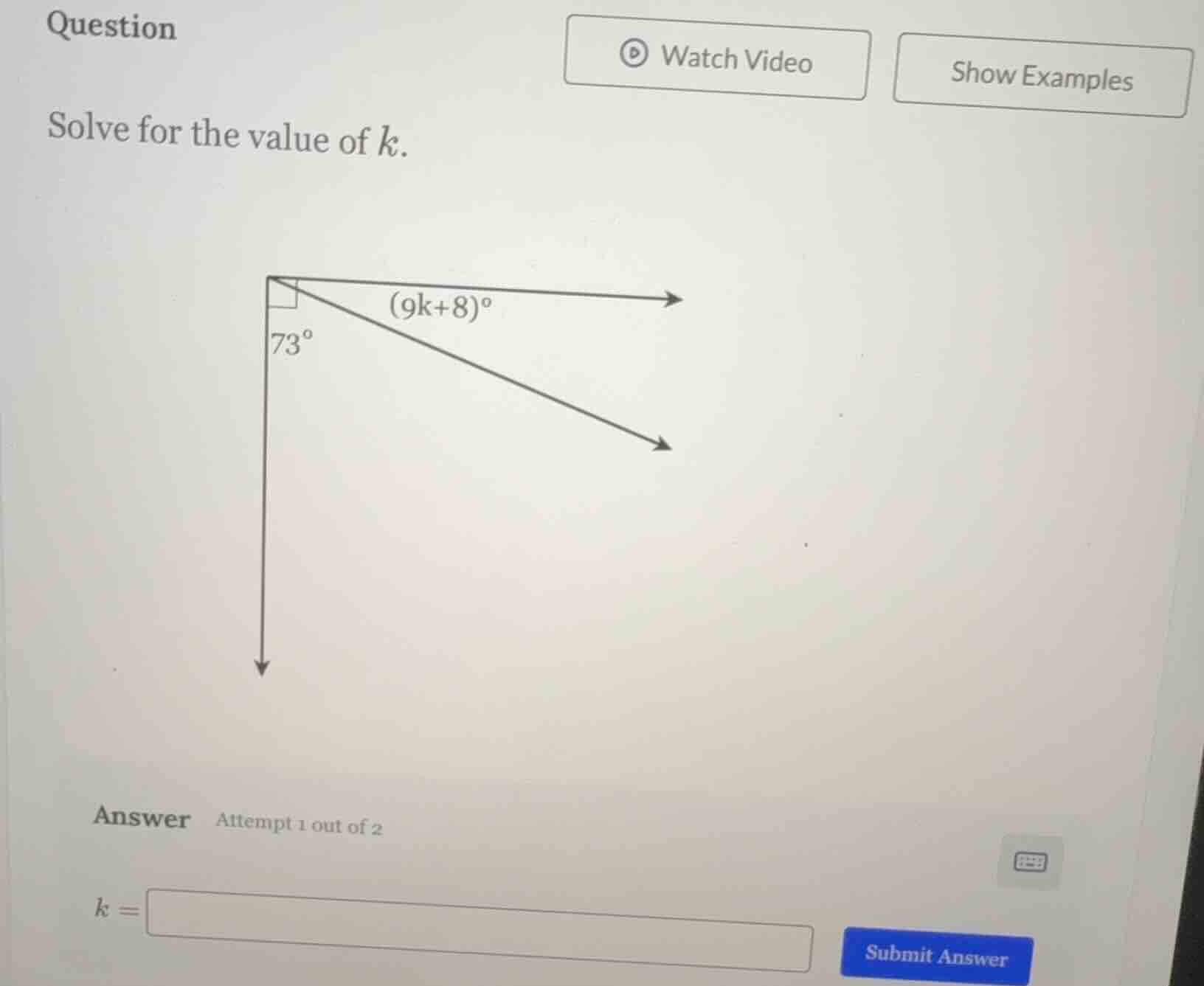 question solve for the value of k. answer attempt 1 out of 2 k =