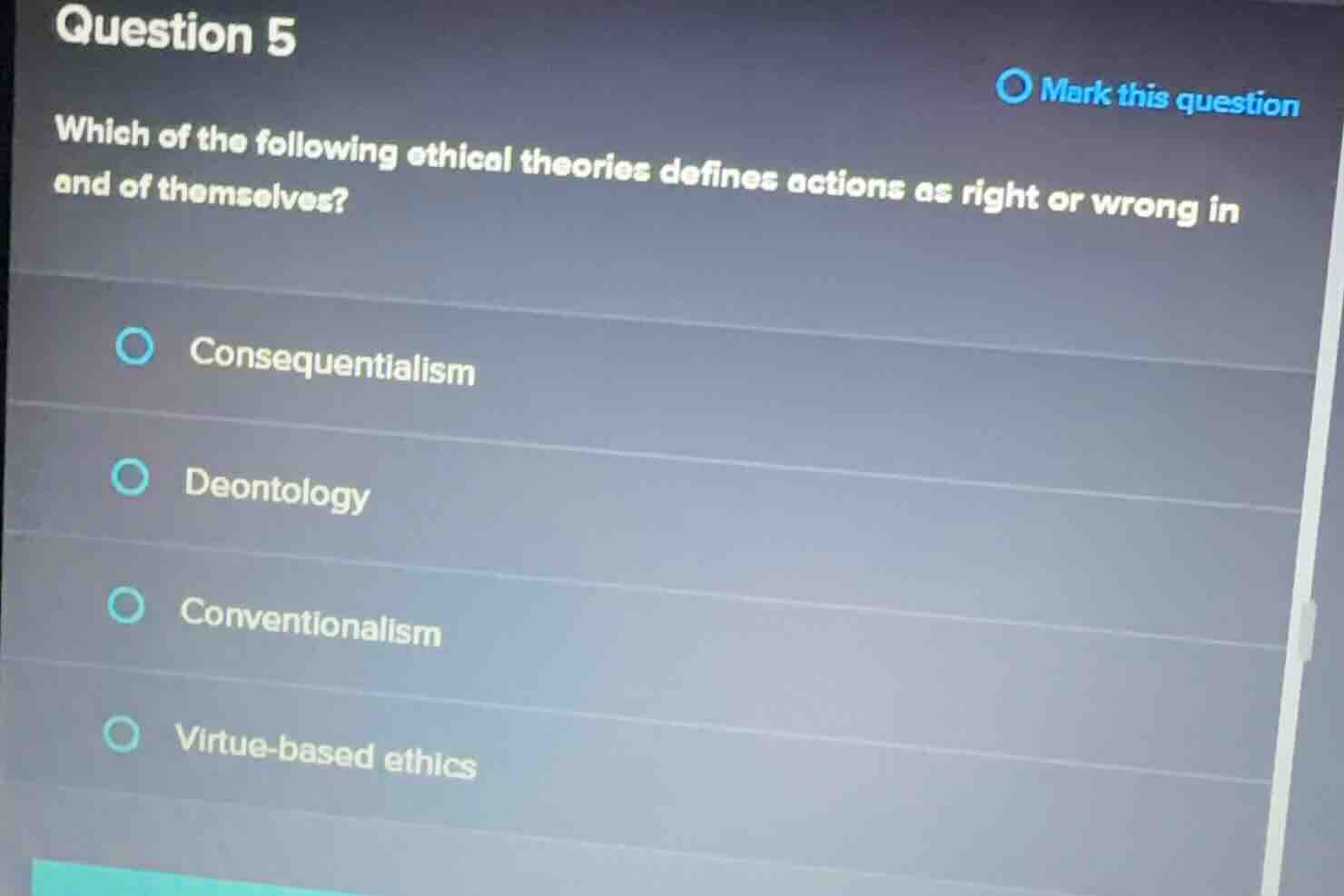 question 5 mark this question which of the following ethical theories d…