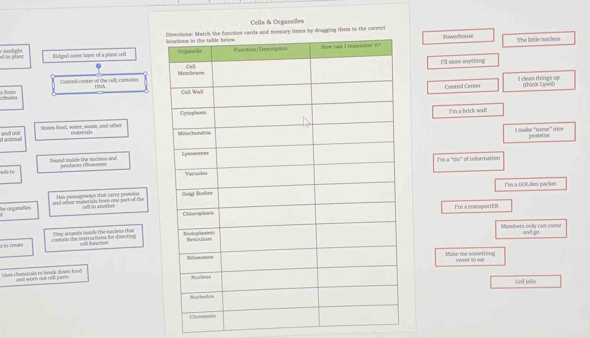cells & organelles directions: match the function cards and memory item…