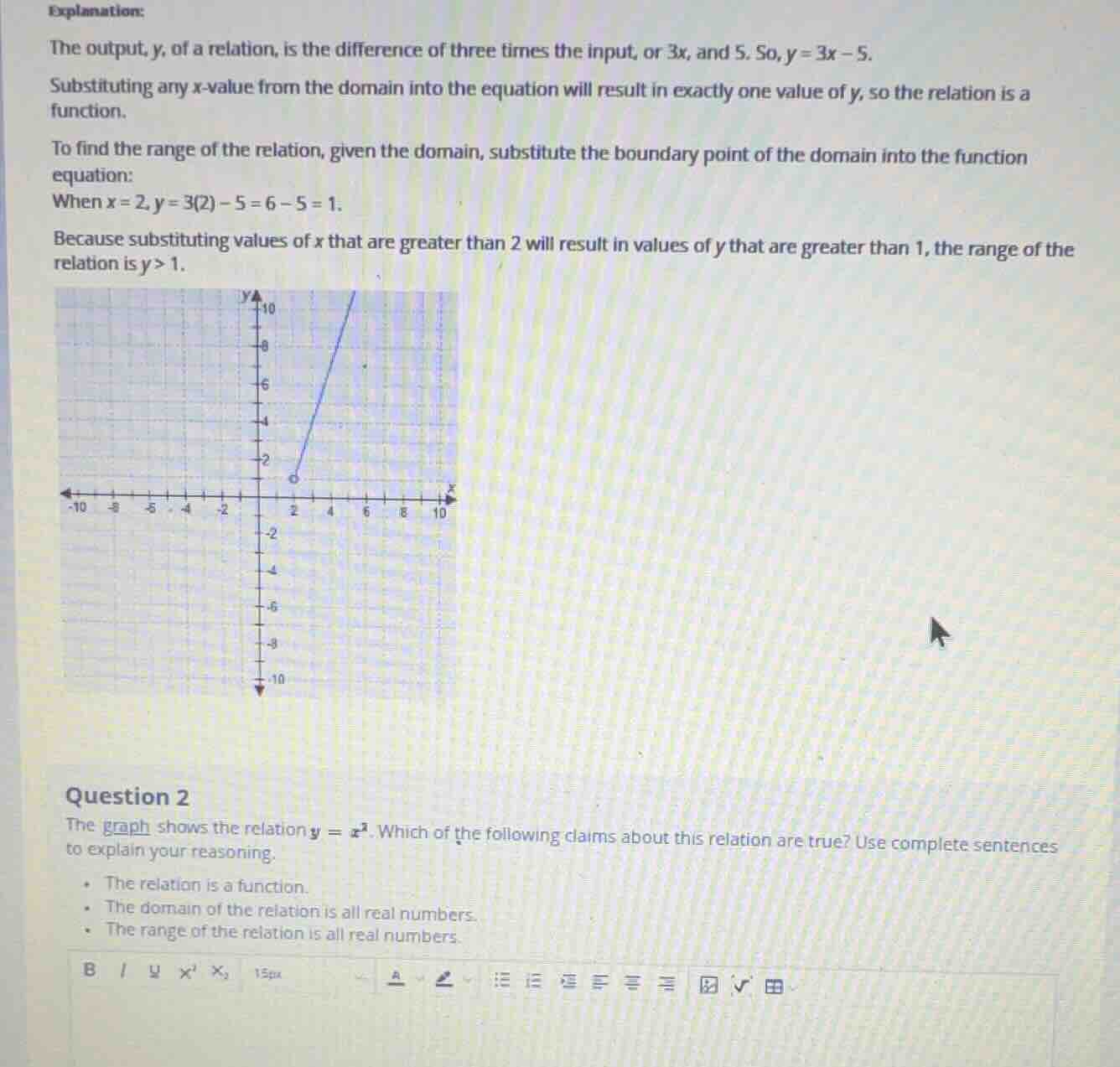 explanation: the output, y, of a relation, is the difference of three t…