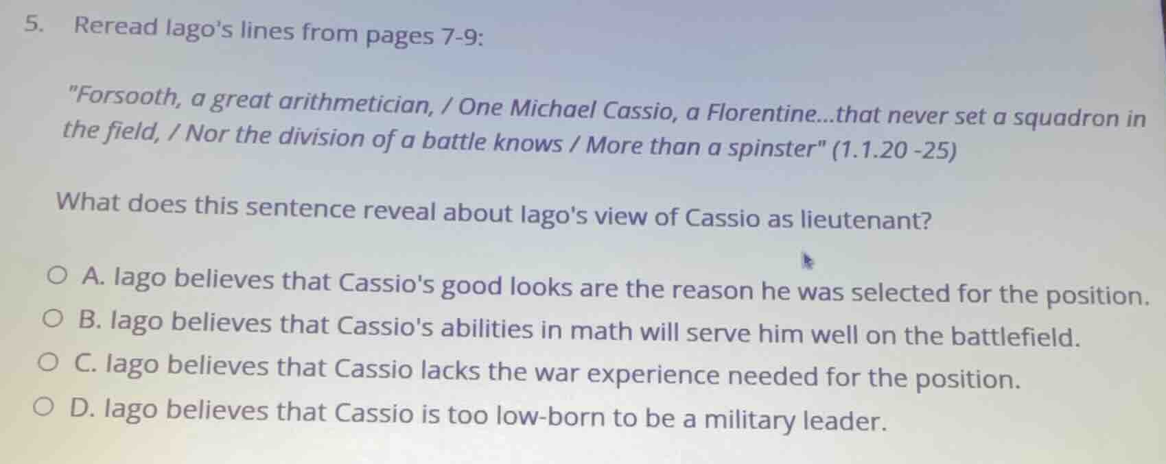 5. reread iago’s lines from pages 7 - 9: \forsooth, a great arithmetici…