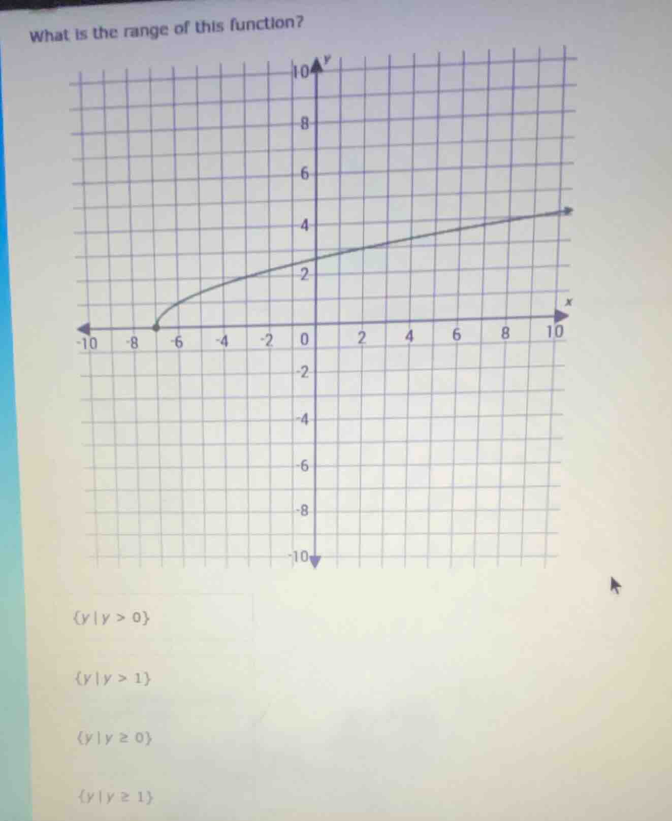 what is the range of this function? {y|y > 0} {y|y > 1} {y|y ≥ 0} {y|y …