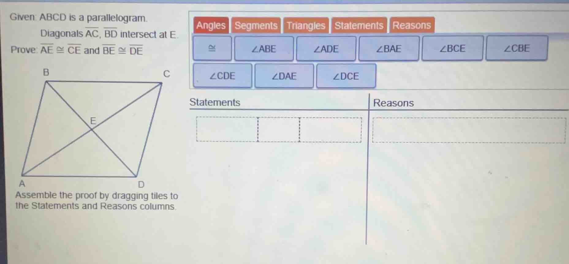 given: abcd is a parallelogram. diagonals \\(\\overline{ac}\\), \\(\\ov…