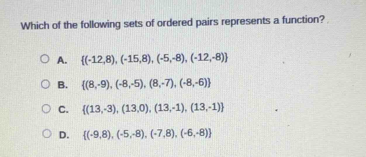 which of the following sets of ordered pairs represents a function? a. …