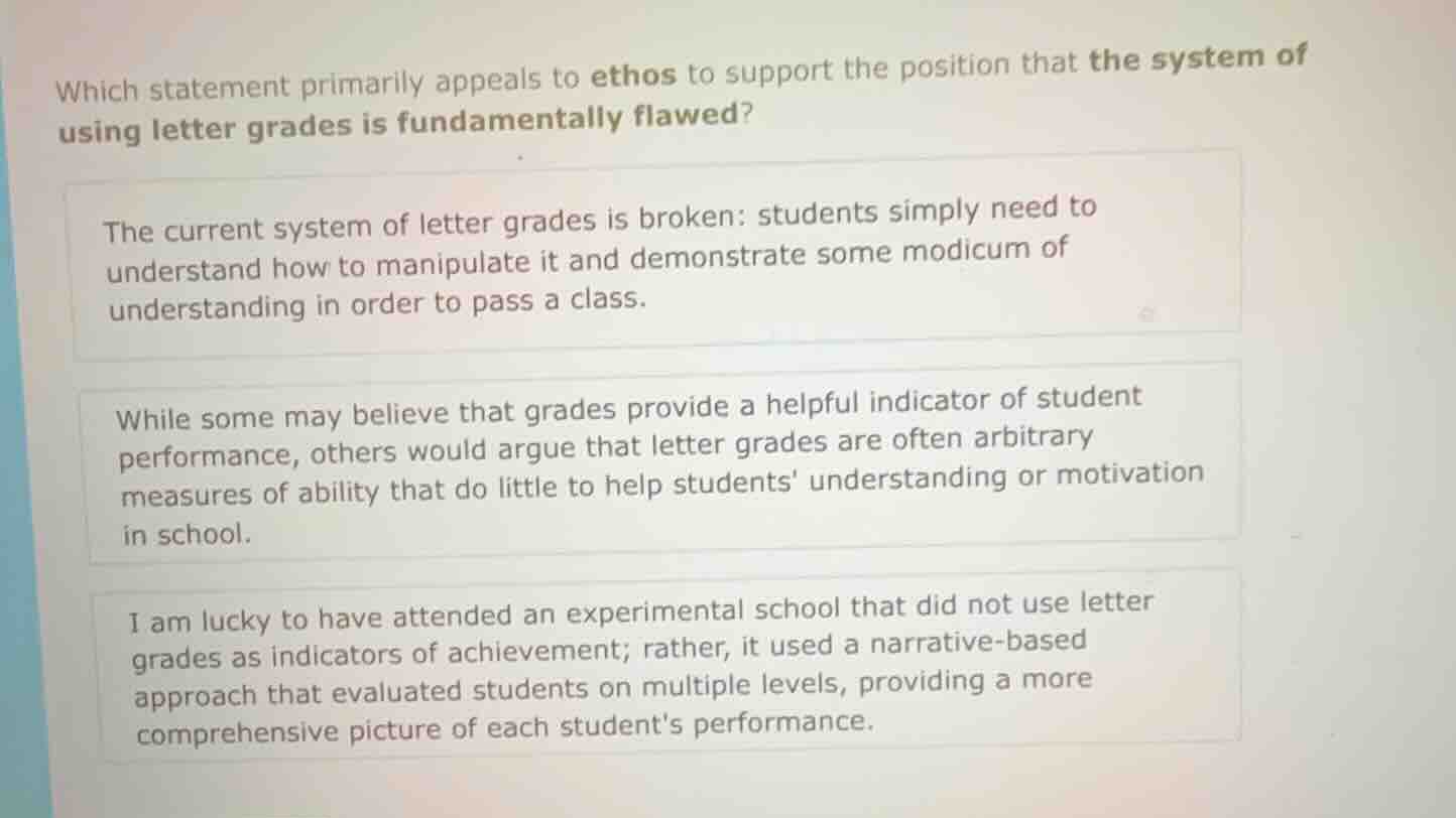 which statement primarily appeals to ethos to support the position that…
