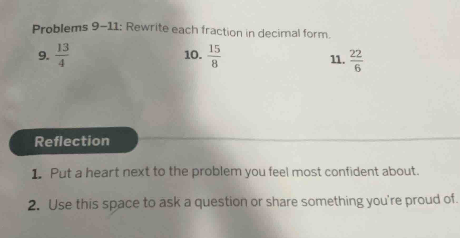 problems 9–11: rewrite each fraction in decimal form. 9. \\(\\frac{13}{…