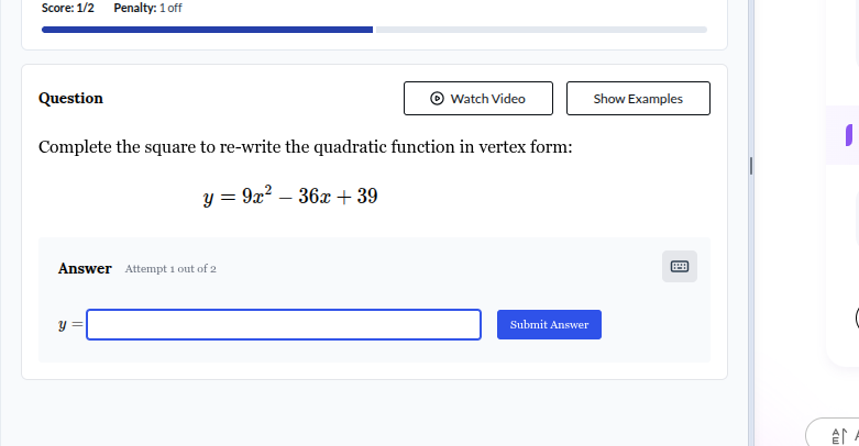 complete the square to re - write the quadratic function in vertex form…