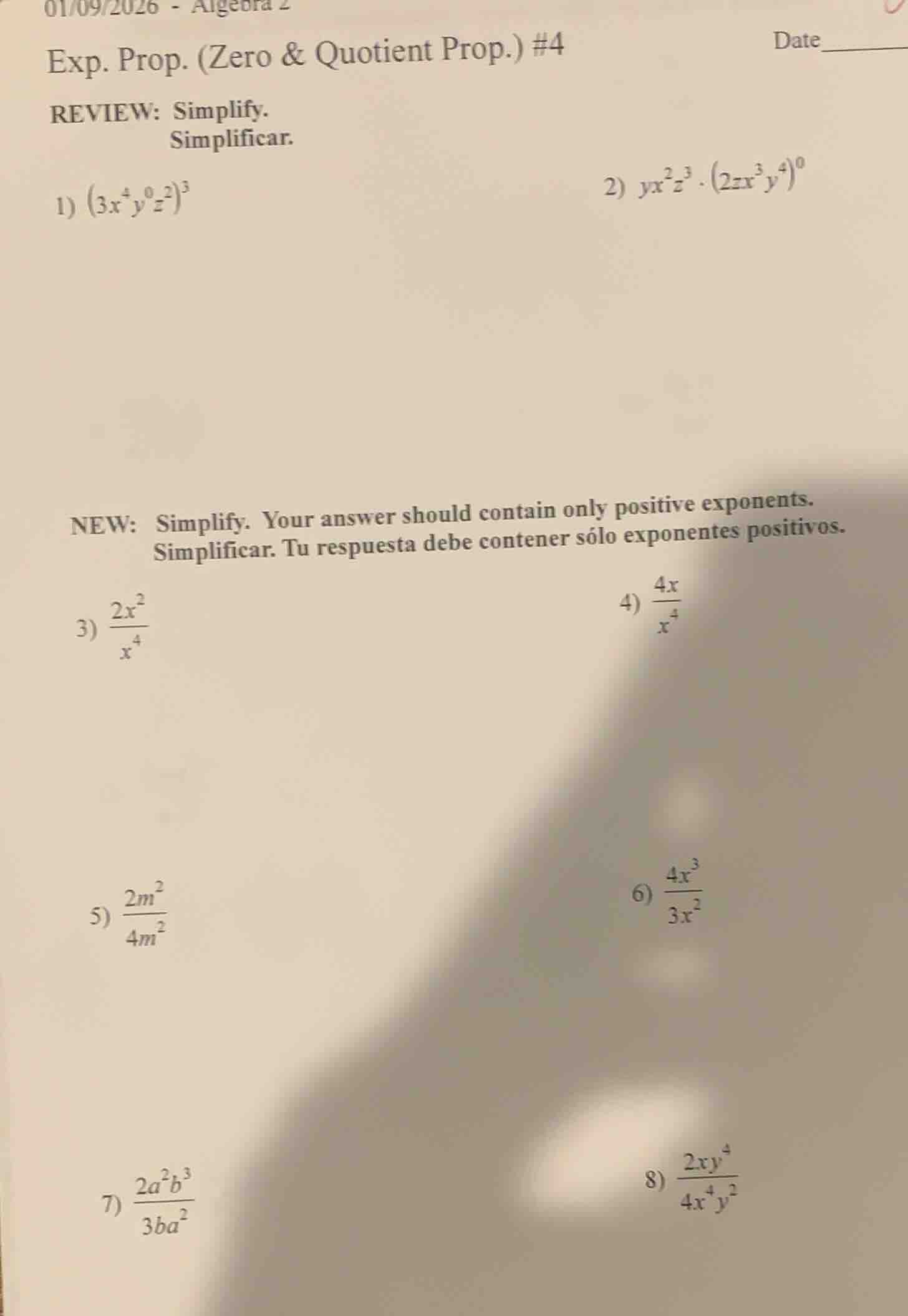 01/09/2026 - algebra 2 exp. prop. (zero & quotient prop.) #4 date revie…