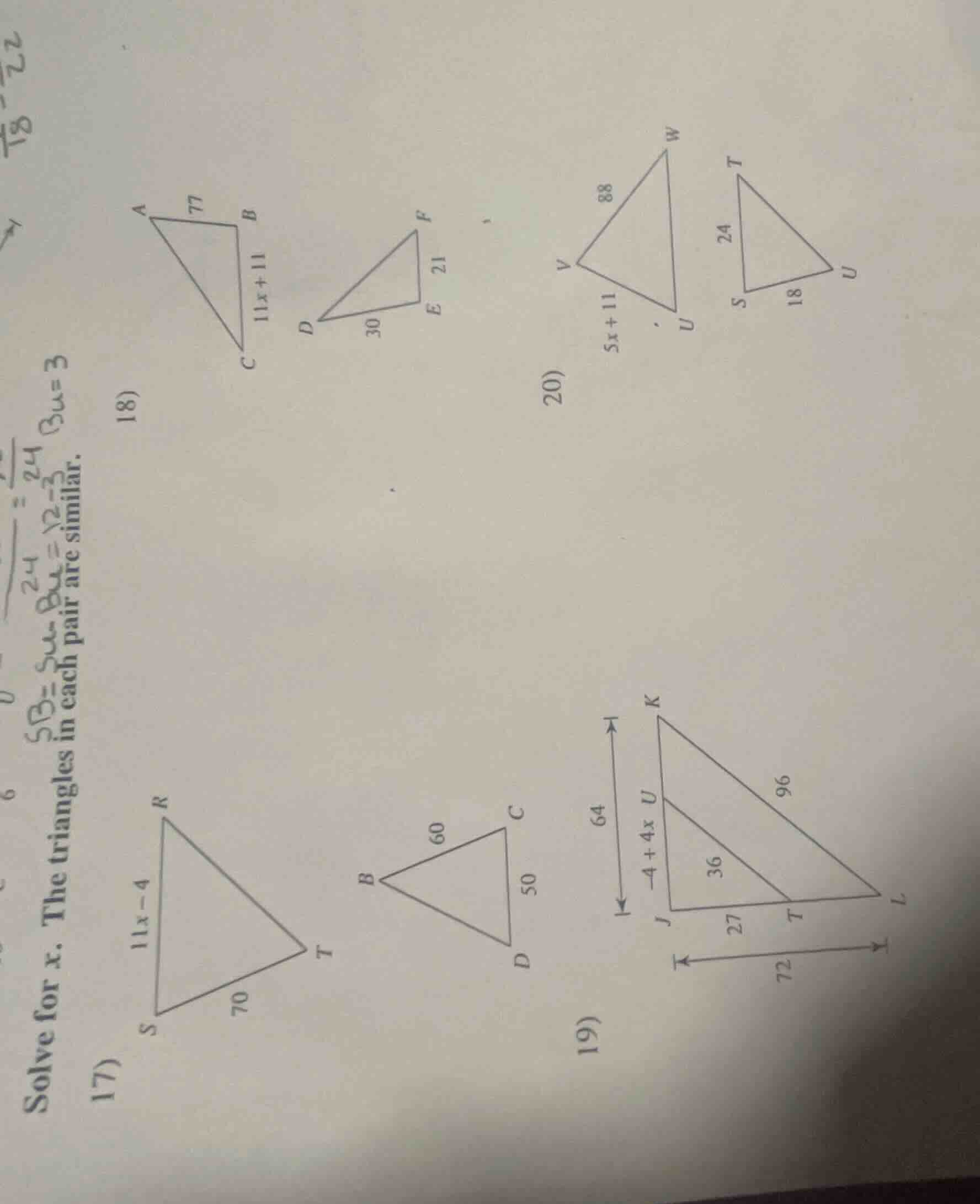 solve for x. the triangles in each pair are similar. 17) triangle srt w…