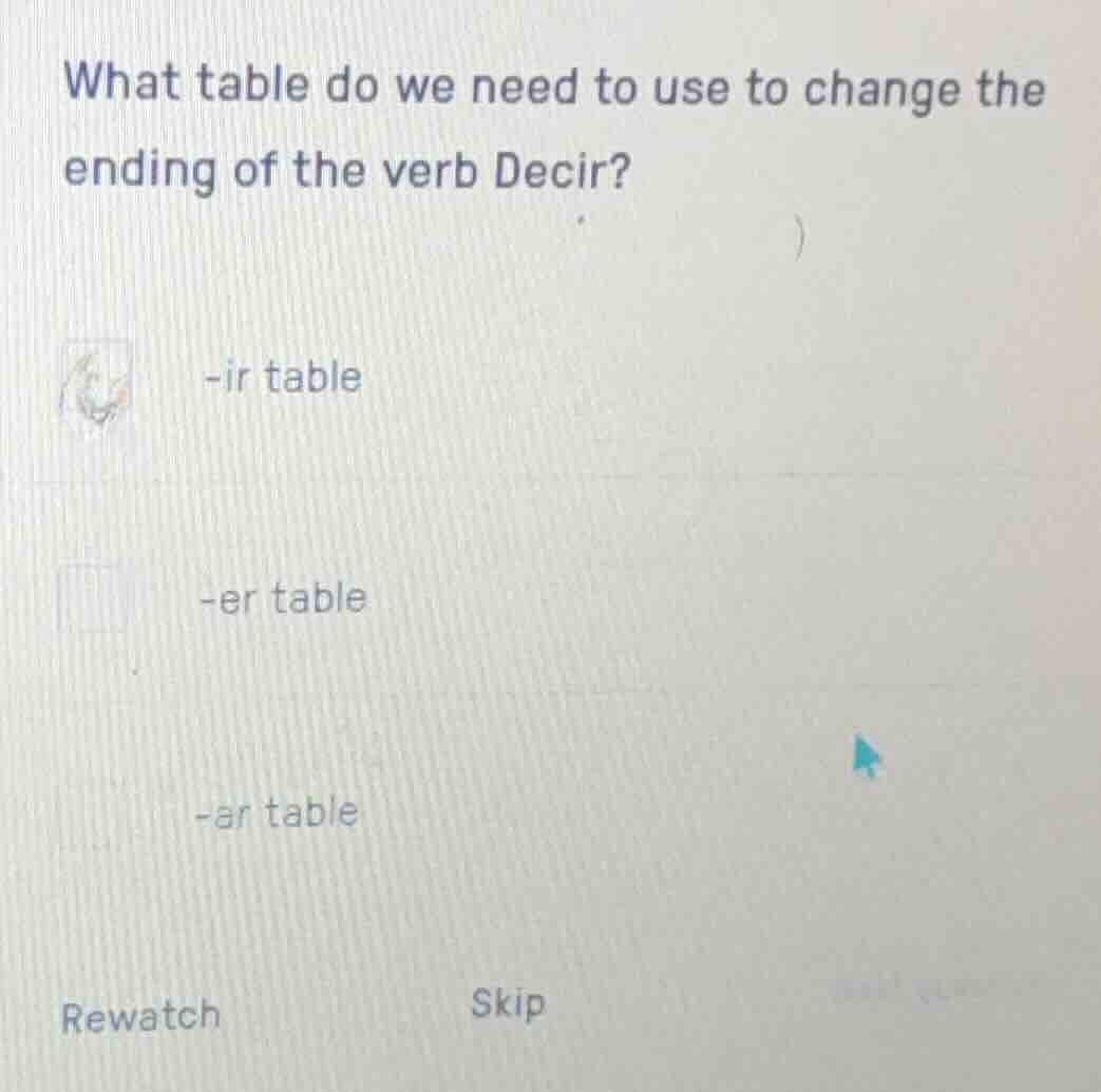what table do we need to use to change the ending of the verb decir? -i…