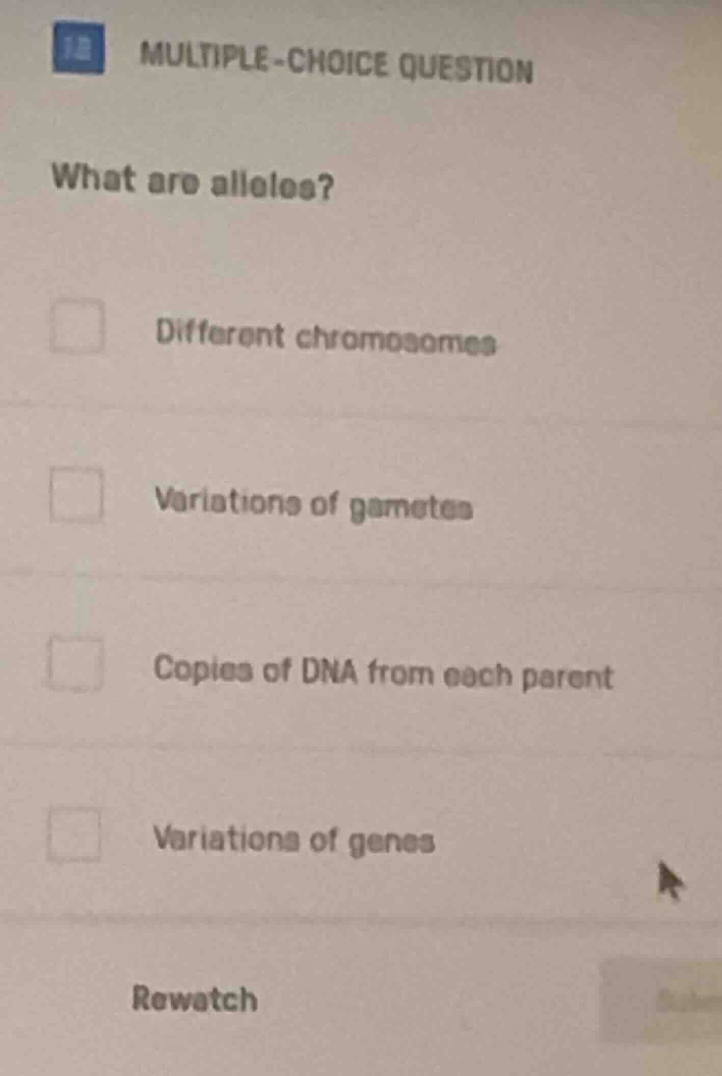 multiple-choice question what are alleles? different chromosomes variat…