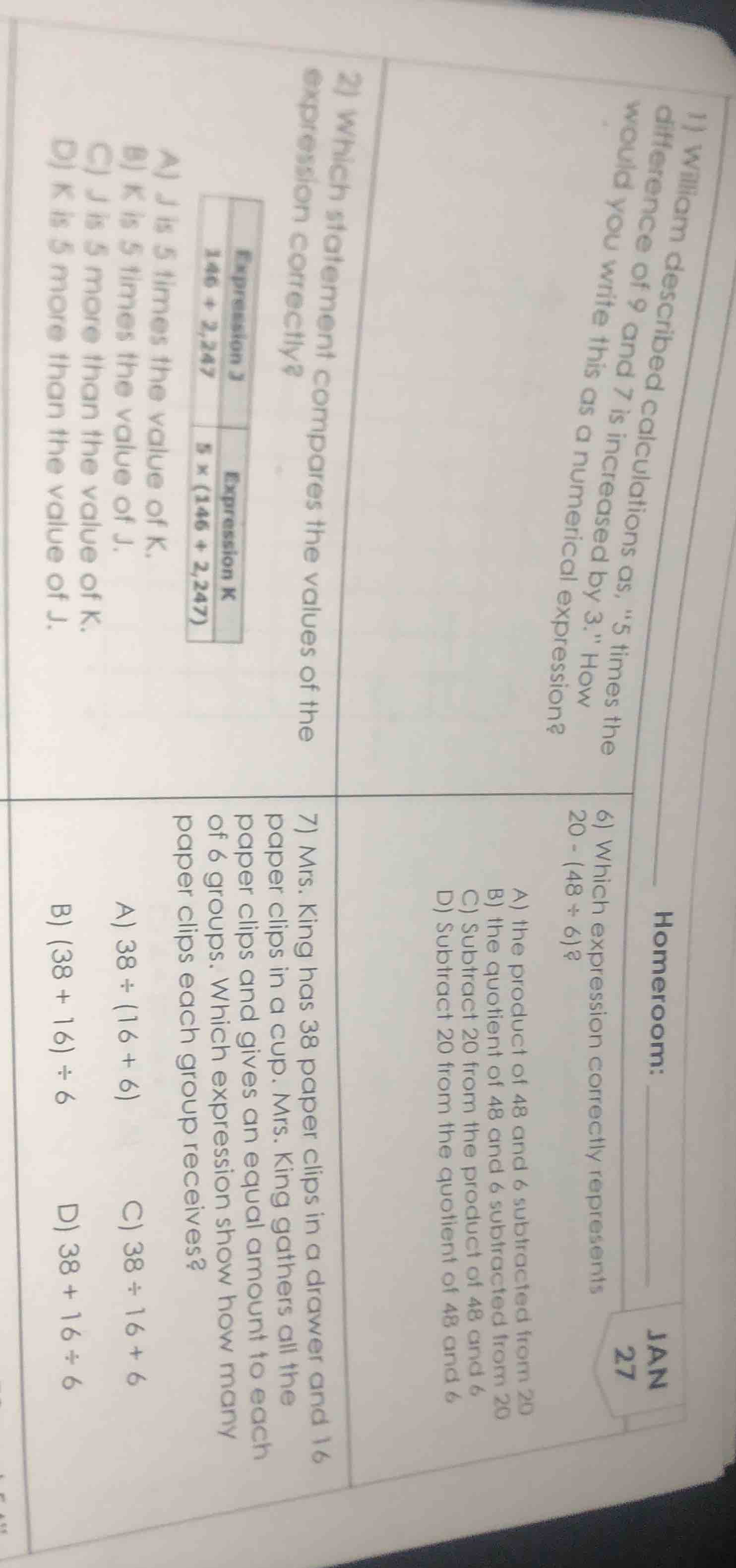 1) william described calculations as, \5 times the difference of 9 and …