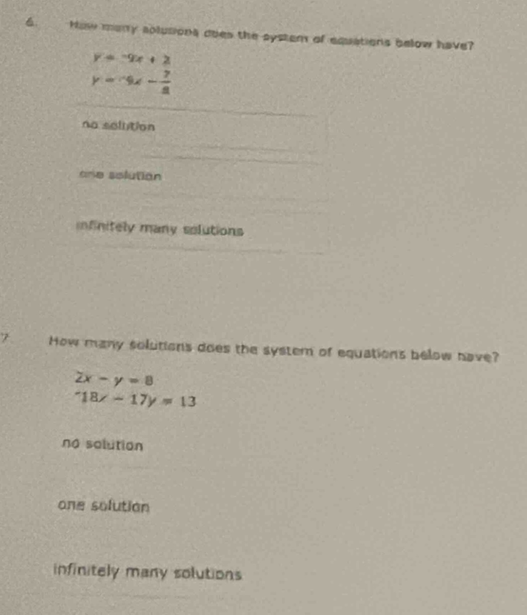 6. how many solutions does the system of equations below have? y = -9x …