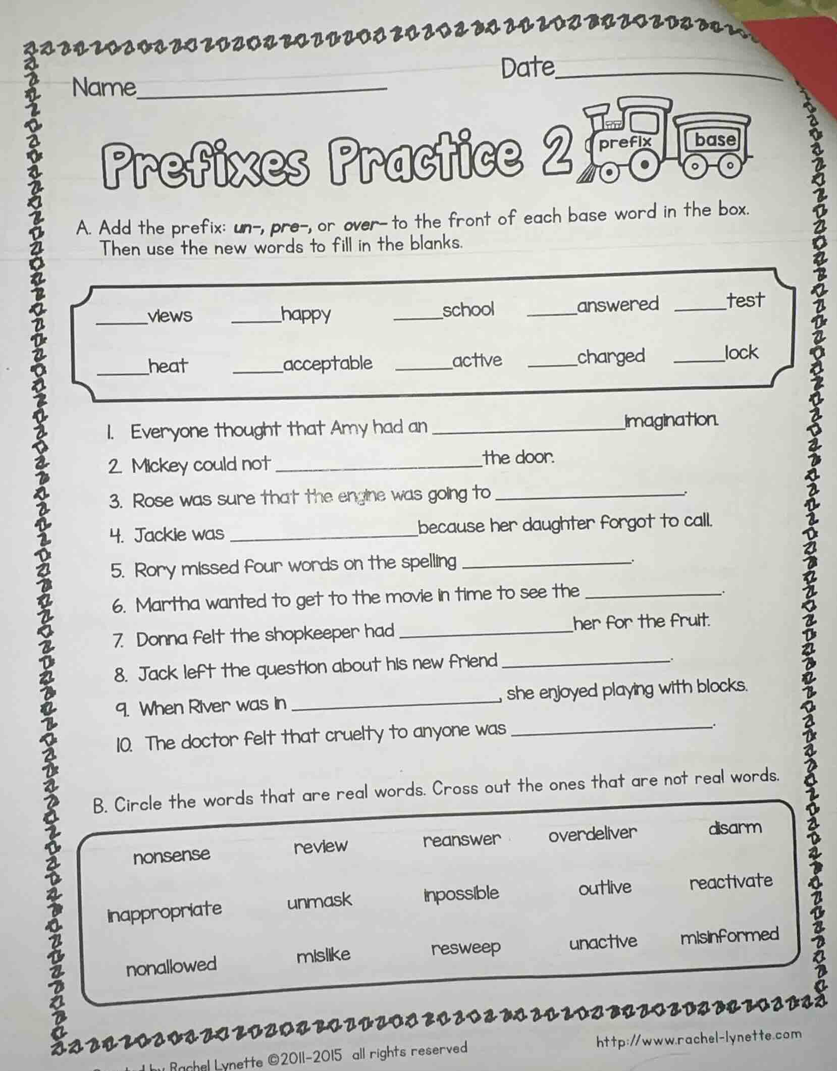 name date prefixes practice 2 a. add the prefix: un-, pre-, or over- to…