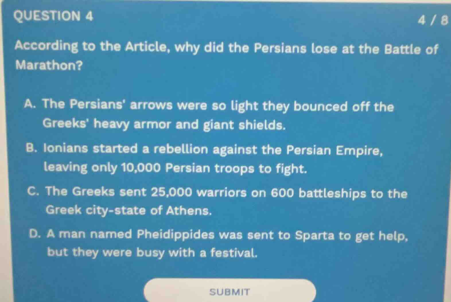 question 4 according to the article, why did the persians lose at the b…