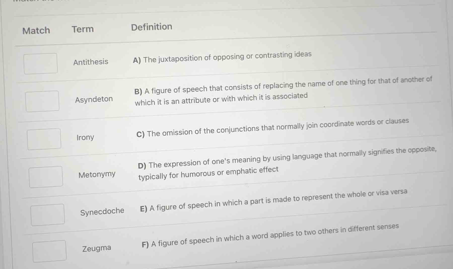 match term definition antithesis a) the juxtaposition of opposing or co…