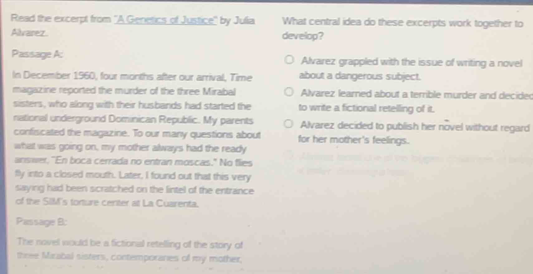 read the excerpt from \a genetics of justice\ by julia alvarez. passage…