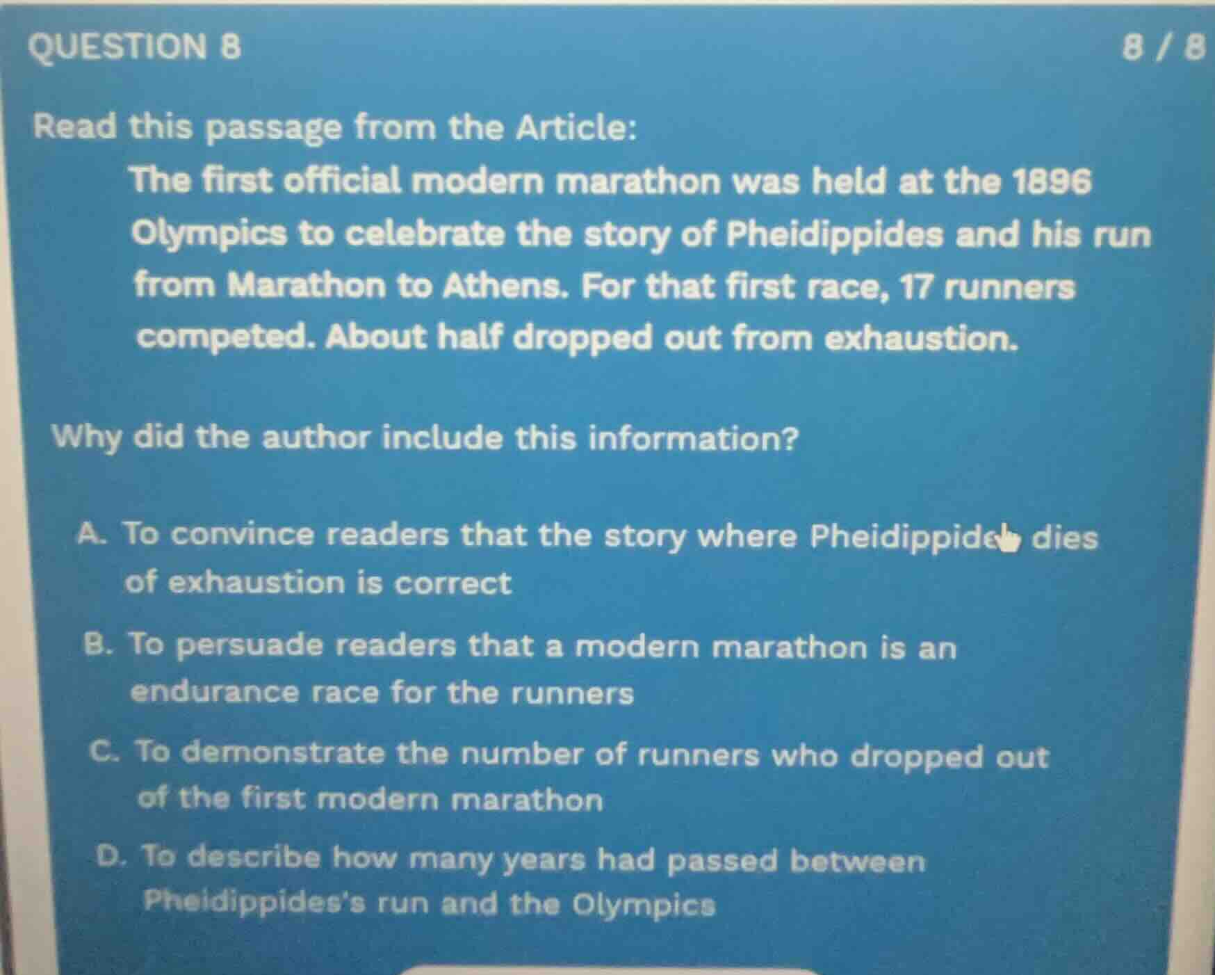 question 8 read this passage from the article: the first official moder…