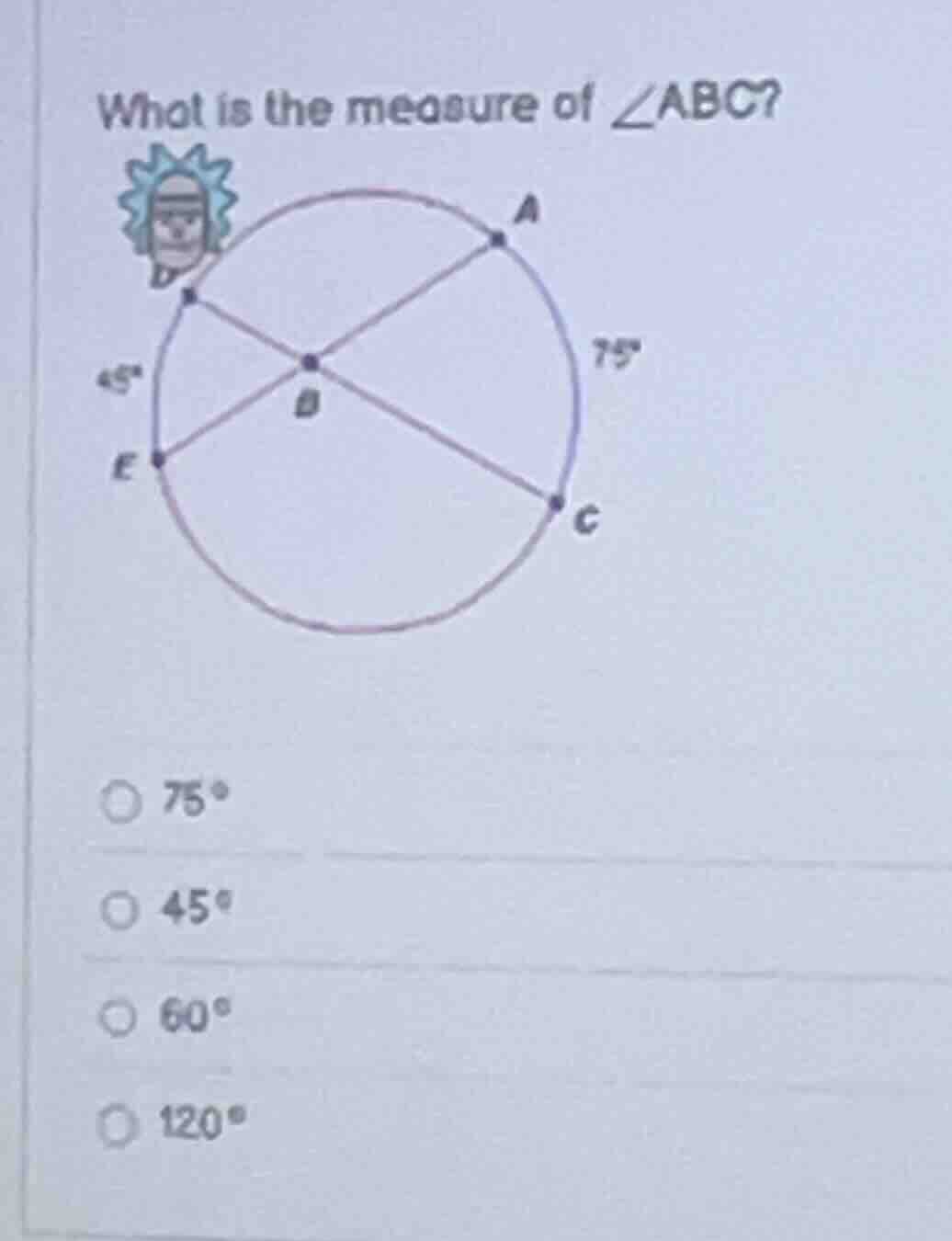 what is the measure of $\\angle abc$? options: $75^\\circ$, $45^\\circ$…