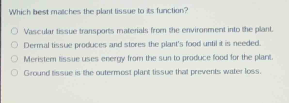 which best matches the plant tissue to its function? vascular tissue tr…