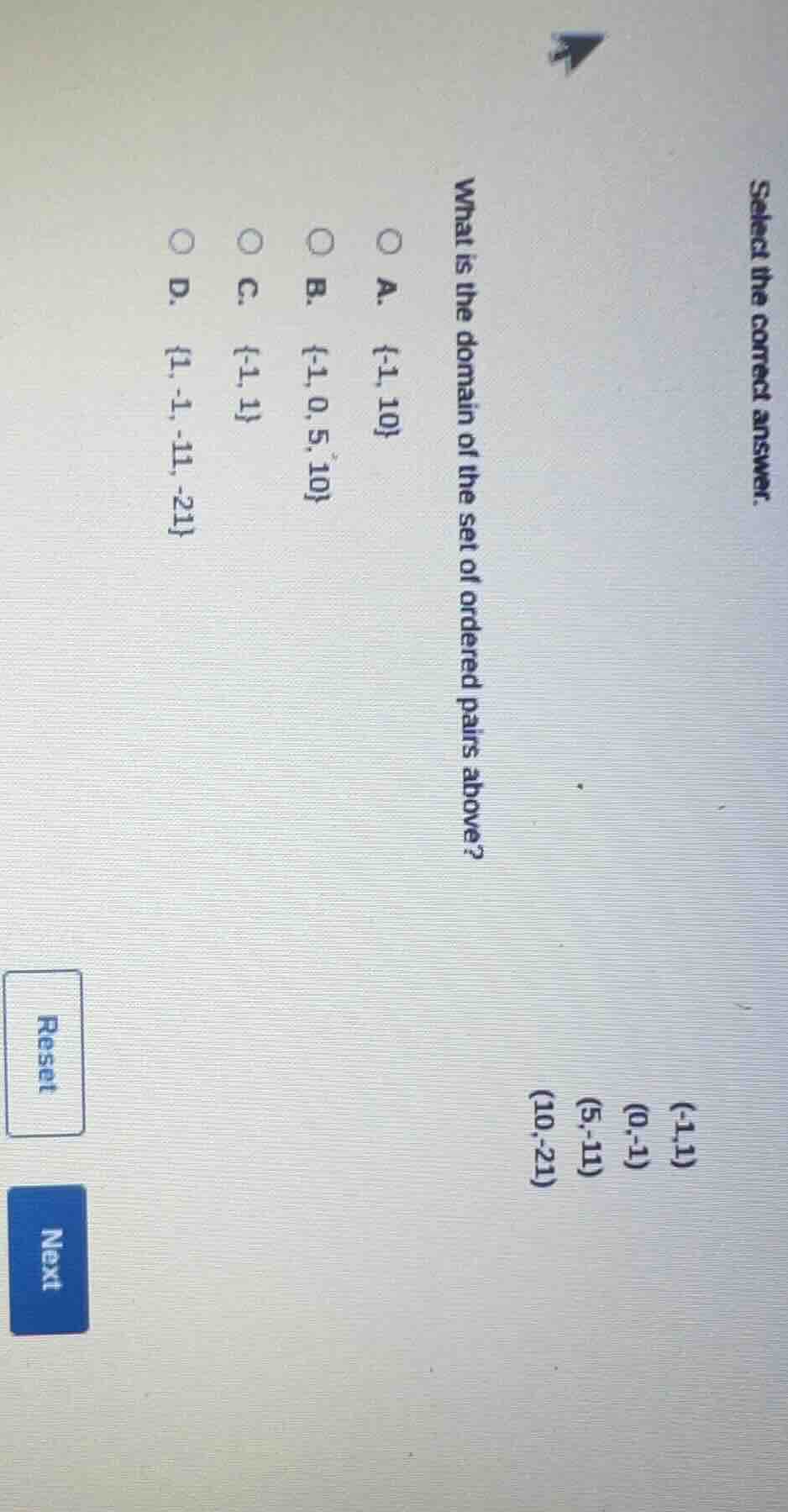 select the correct answer. what is the domain of the set of ordered pai…