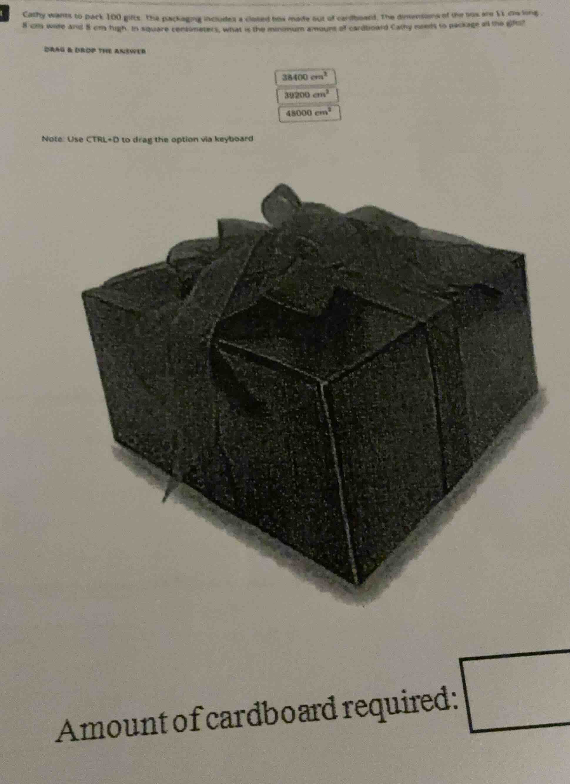 cathy wants to pack 100 gifts. the packaging includes a closed box made…