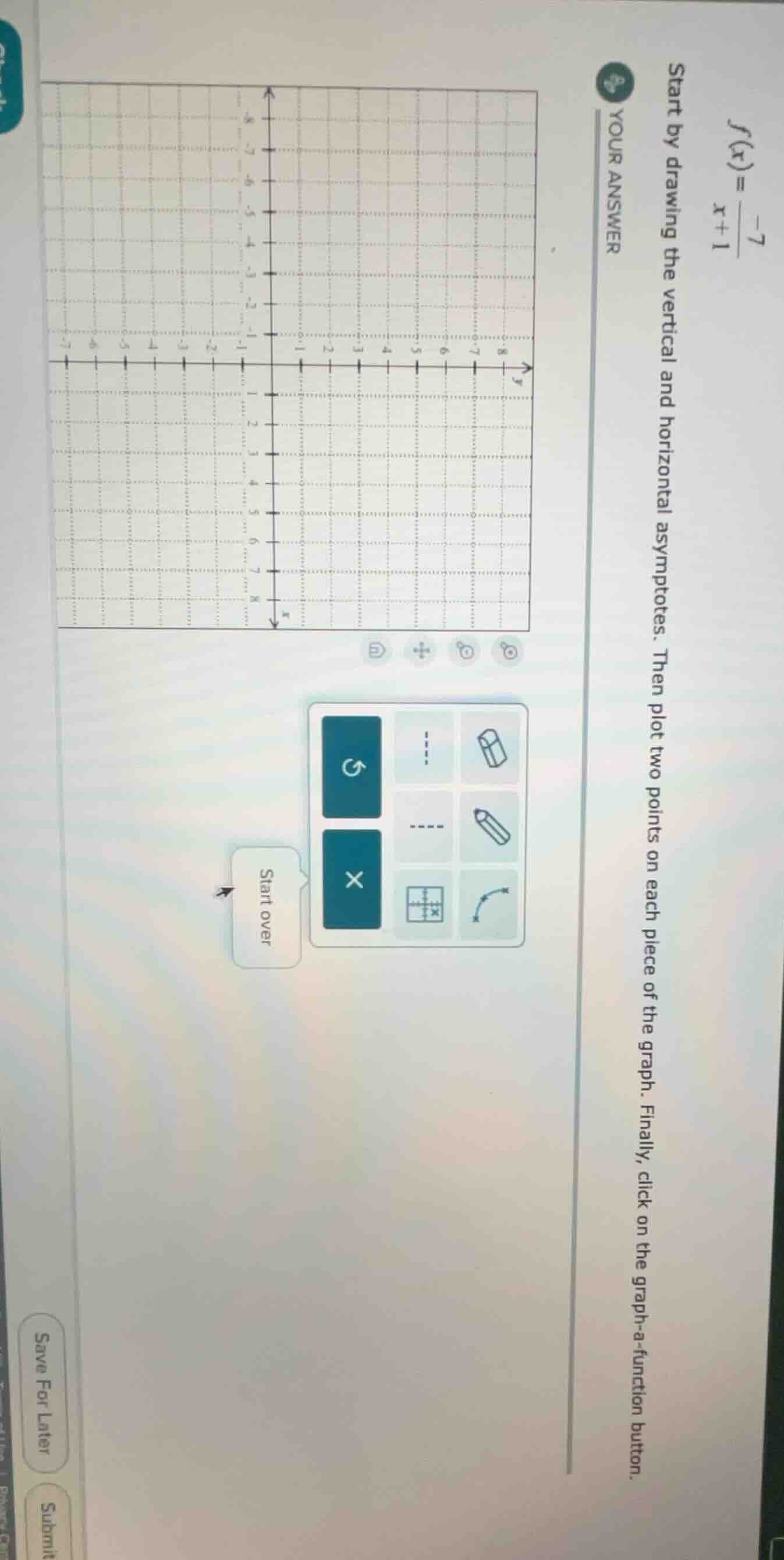 f(x) = \\frac{-7}{x + 1} start by drawing the vertical and horizontal a…