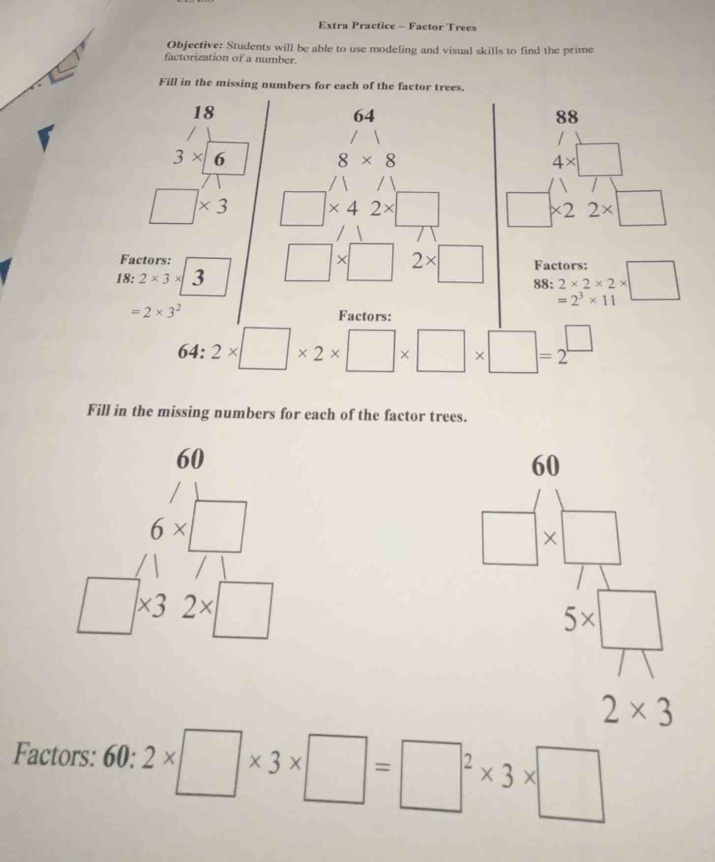 extra practice – factor trees objective: students will be able to use m…