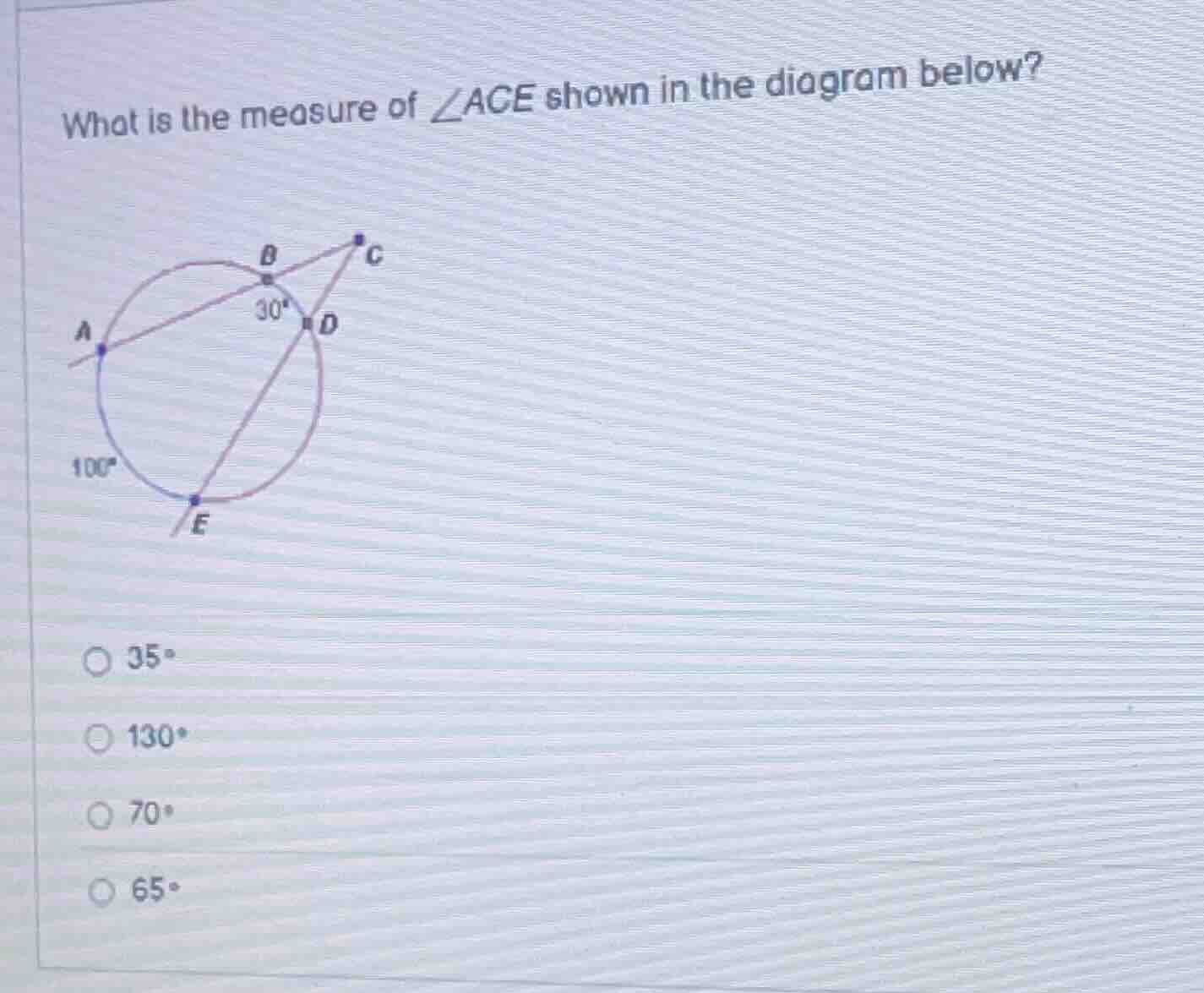 what is the measure of $\\angle ace$ shown in the diagram below?\ \ opt…