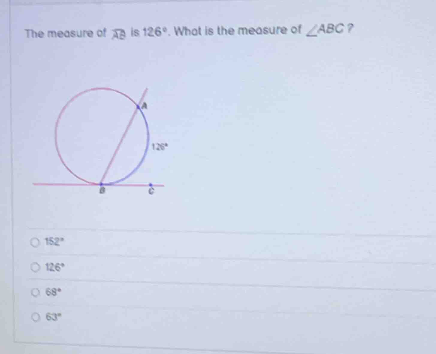 the measure of (overarc{ab}) is (126^circ). what is the measure of (ang…