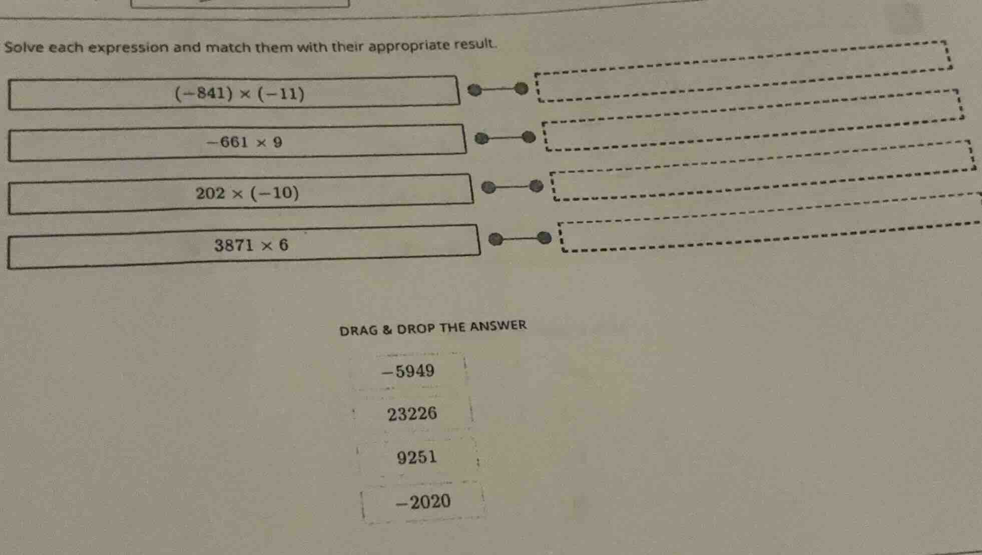 solve each expression and match them with their appropriate result. (-8…